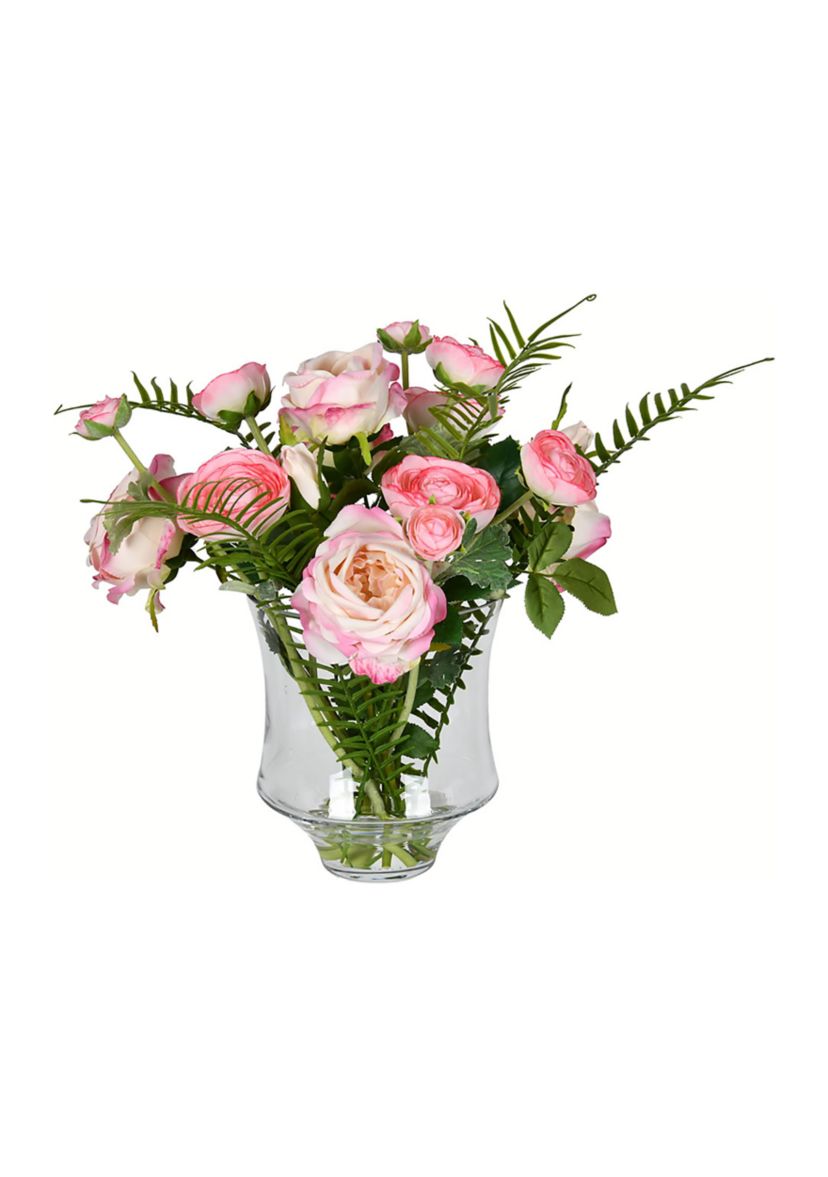 Vickerman 16" Artificial Dark Pink Rose In Glass Pot.