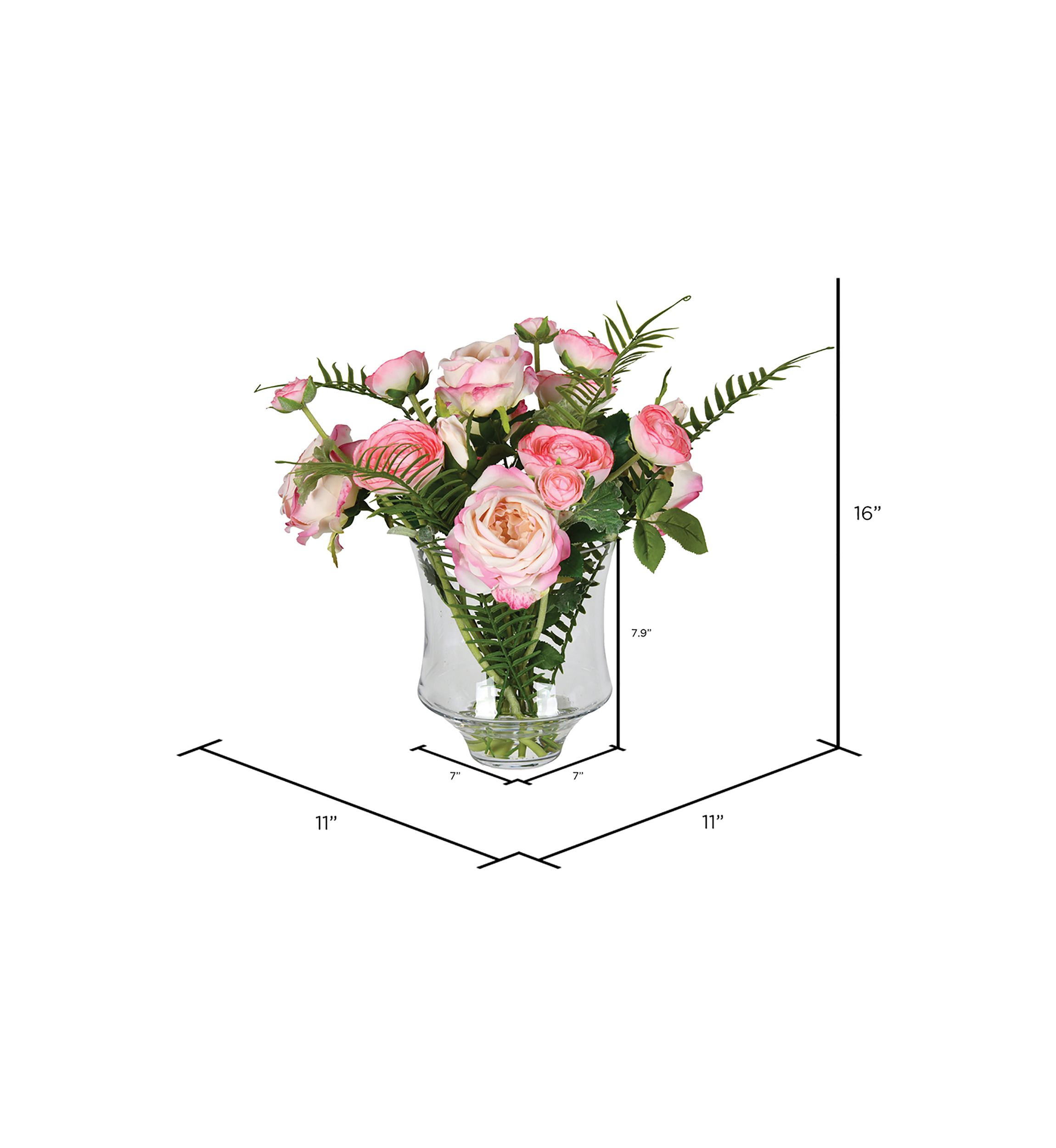 Vickerman 16" Artificial Dark Pink Rose In Glass Pot.