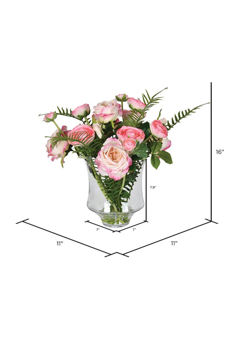 Vickerman 16" Artificial Dark Pink Rose In Glass Pot.