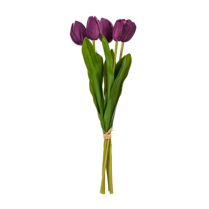 Vickerman 16"H Plum Tulip Bundle of 5. This bundle features artificial tulips with a soft "real touch" texture. The bundle can be kept together or separated to spread out the tulip blooms. Each tulip measures 16 inches tall, and theyre a great way to add color to your decor without the upkeep of fresh flowers. Each tulip head measures 1"-1.5" wide. Includes two bundles of five tulips each.