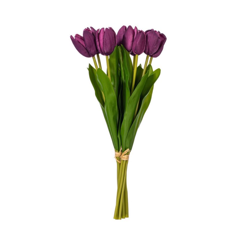 Vickerman 16"H Plum Tulip Bundle of 5. This bundle features artificial tulips with a soft "real touch" texture. The bundle can be kept together or separated to spread out the tulip blooms. Each tulip measures 16 inches tall, and theyre a great way to add color to your decor without the upkeep of fresh flowers. Each tulip head measures 1"-1.5" wide. Includes two bundles of five tulips each.