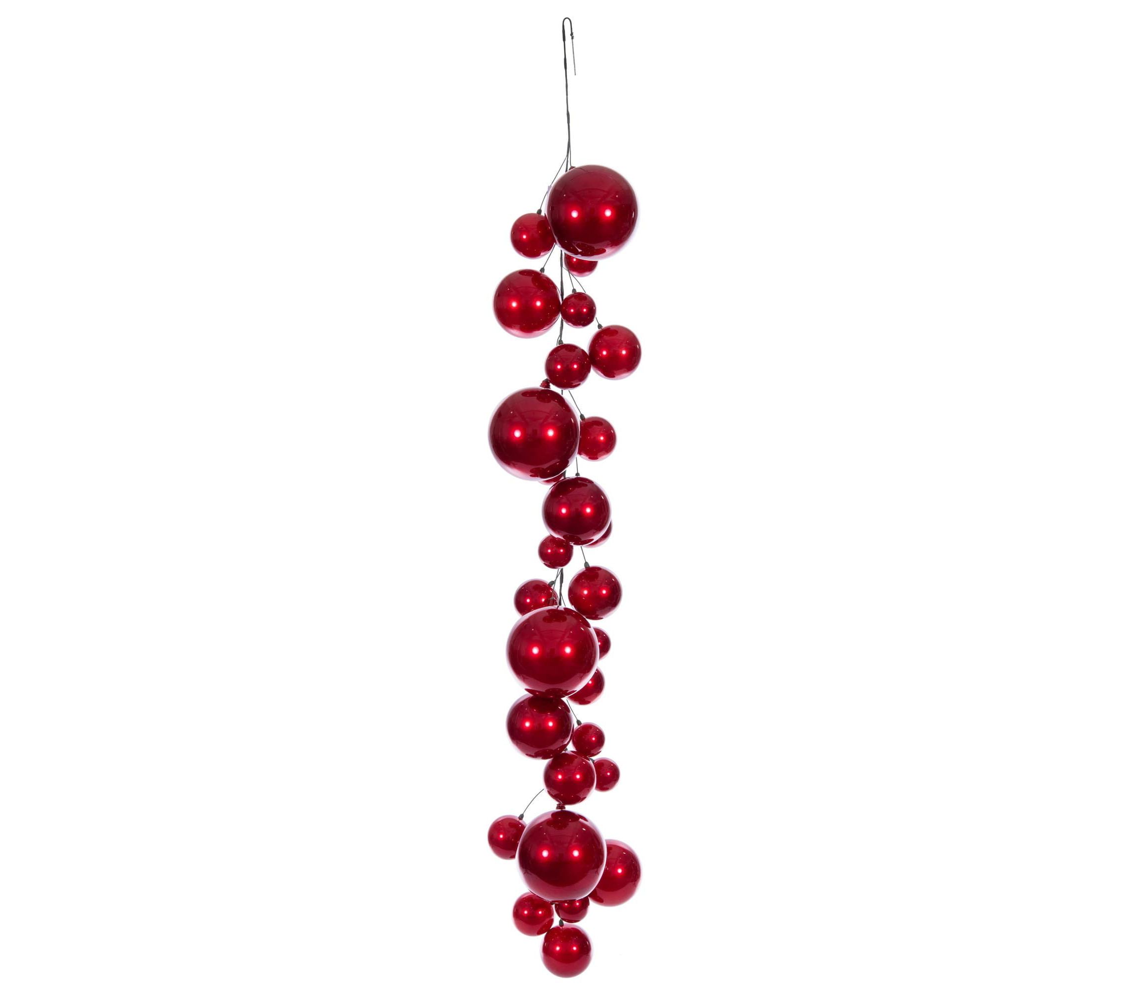 Vickerman 6 Red Ball Branch Garland. It has: eight 3-inch ornaments, eight 4-inch ornaments, four 4.75-inch, four 6-inch, and four 8-inch ornaments, for a total of twenty-eight ornaments on the garland. It features ornaments in candy finish. Green spine with a loop hanger.