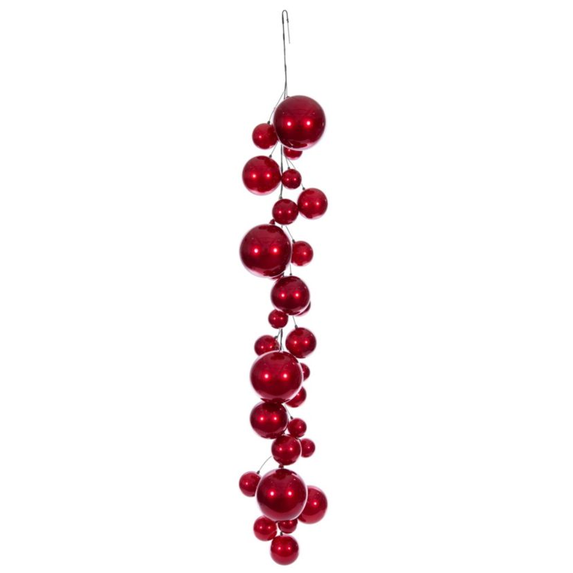 Vickerman 6 Red Ball Branch Garland. It has: eight 3-inch ornaments, eight 4-inch ornaments, four 4.75-inch, four 6-inch, and four 8-inch ornaments, for a total of twenty-eight ornaments on the garland. It features ornaments in candy finish. Green spine with a loop hanger.
