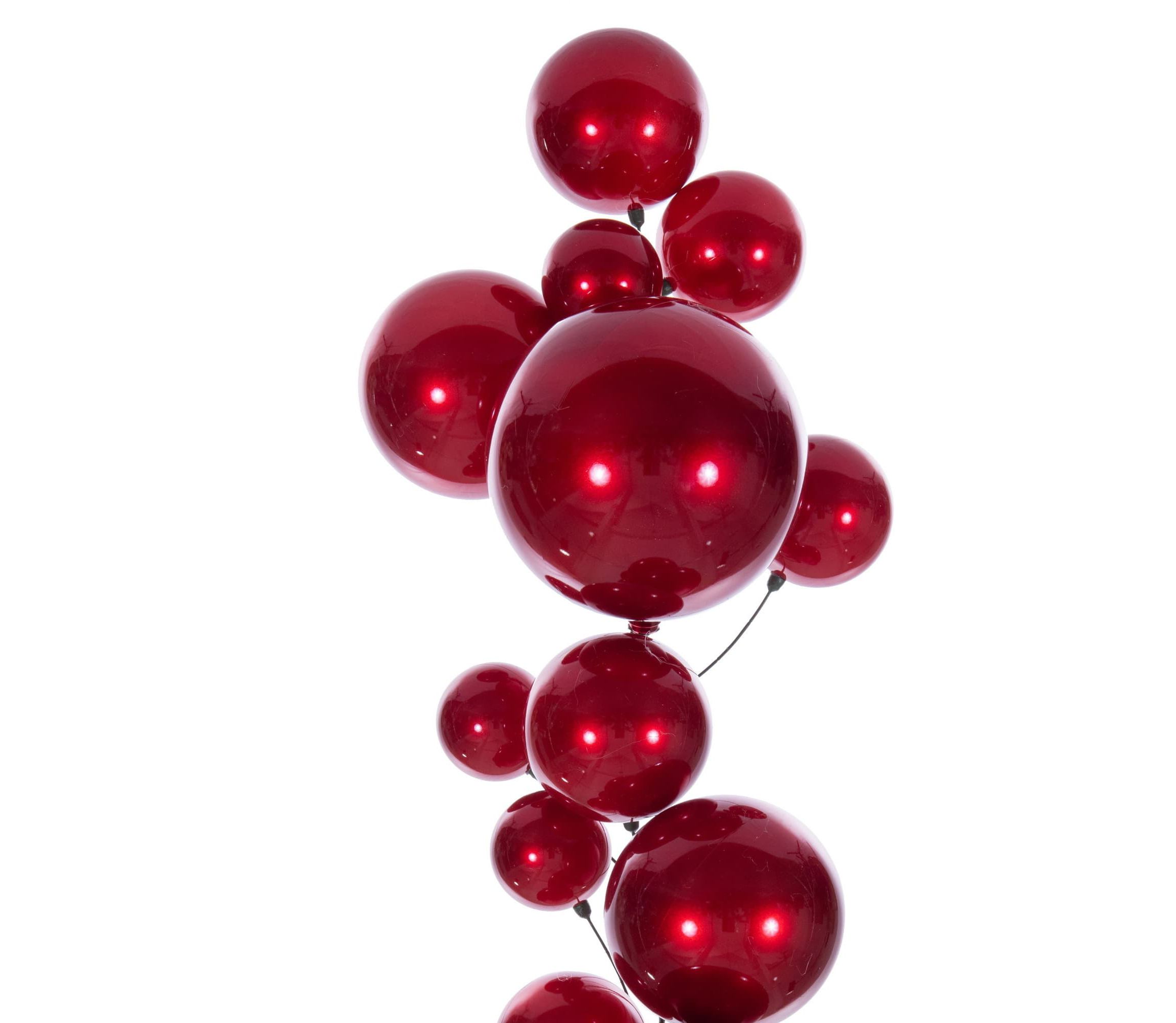 Vickerman 6 Red Ball Branch Garland. It has: eight 3-inch ornaments, eight 4-inch ornaments, four 4.75-inch, four 6-inch, and four 8-inch ornaments, for a total of twenty-eight ornaments on the garland. It features ornaments in candy finish. Green spine with a loop hanger.