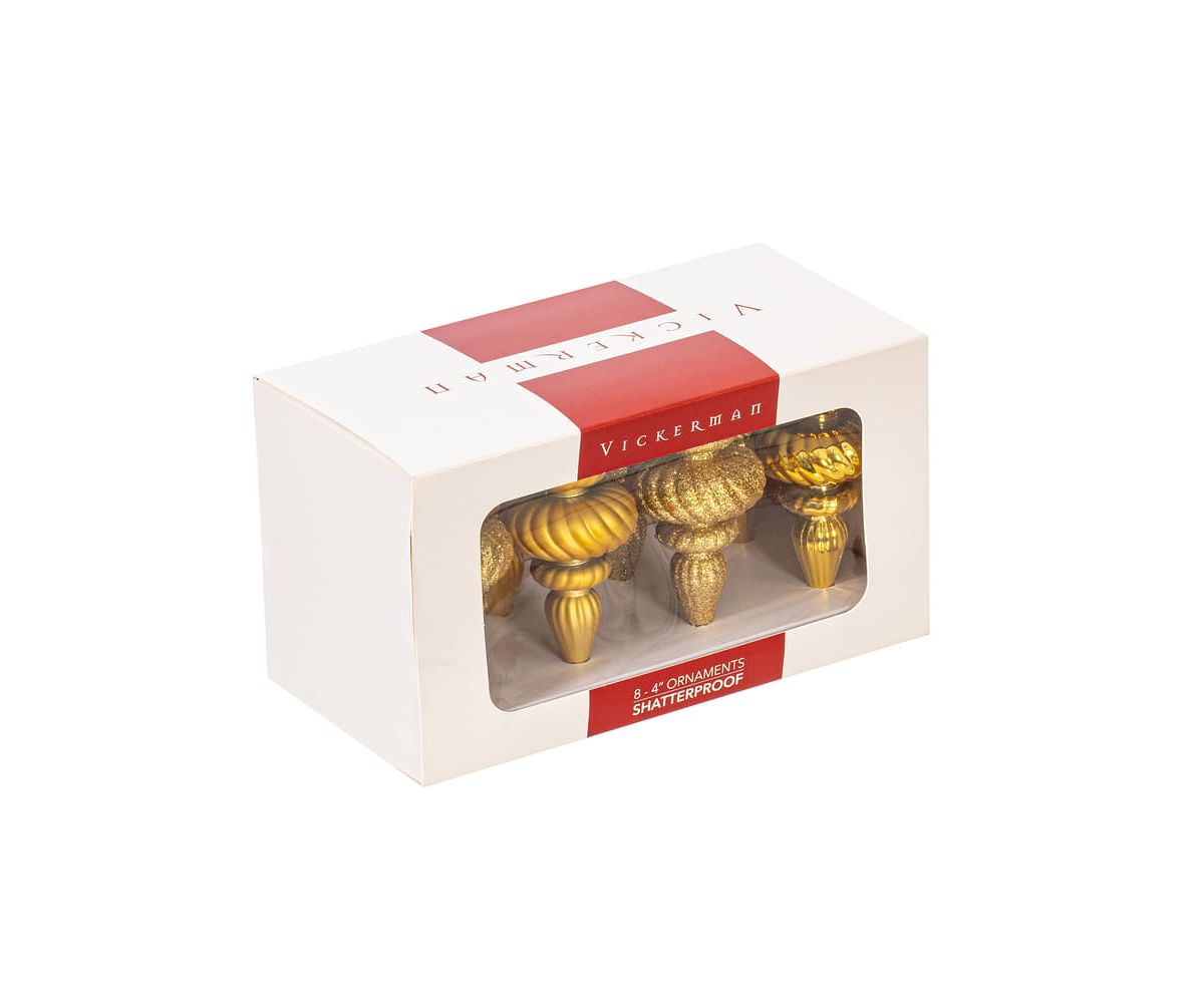 Vickerman 4" Gold 4-Finish Finial Ornament, 8 per Box