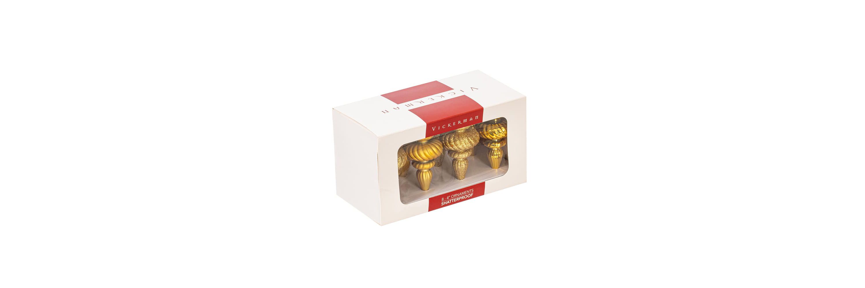 Vickerman 4" Gold 4-Finish Finial Ornament, 8 per Box