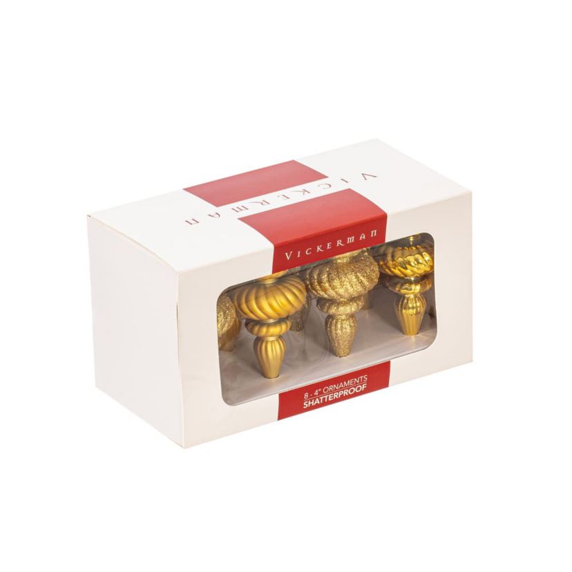 Vickerman 4" Gold 4-Finish Finial Ornament, 8 per Box