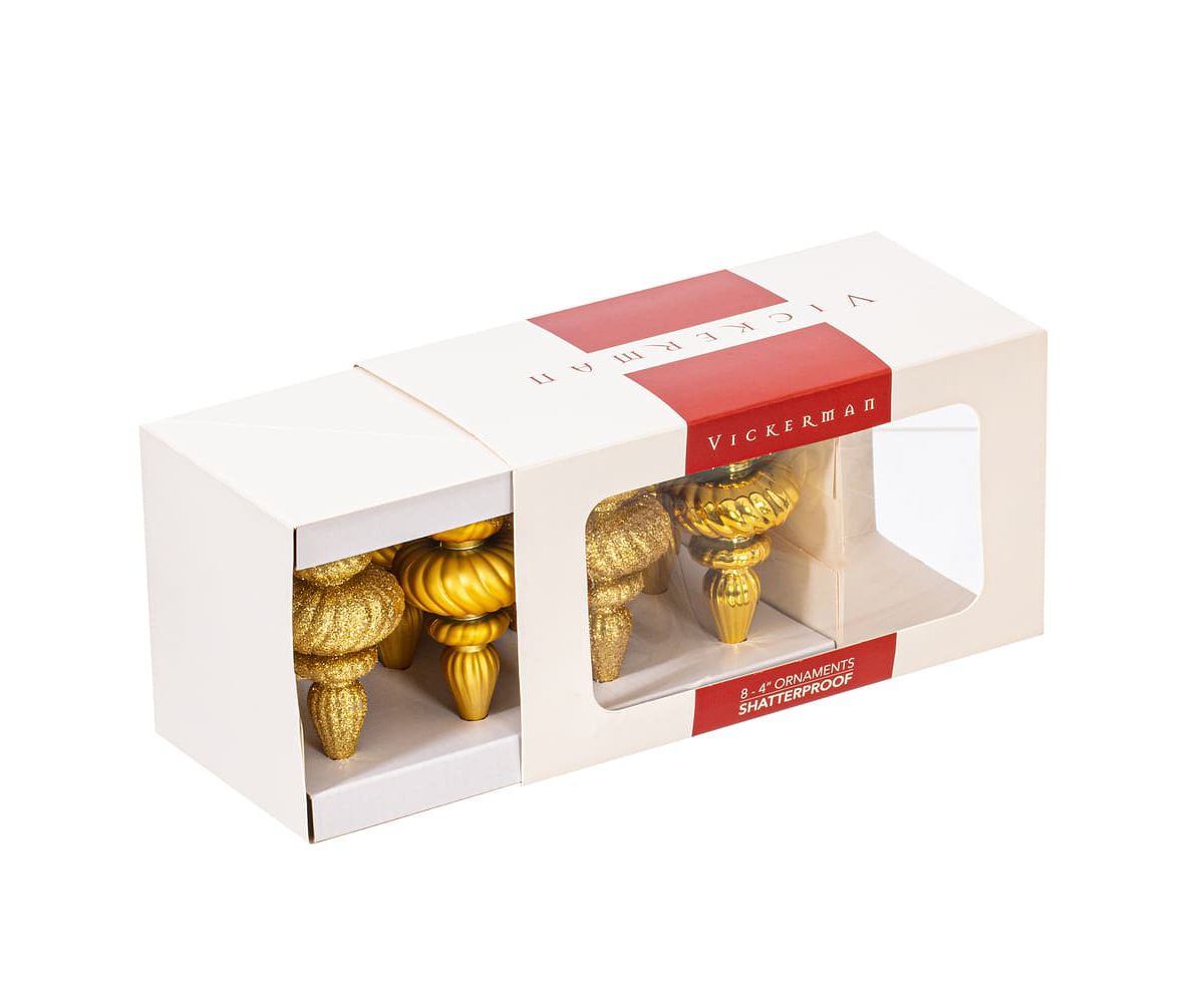 Vickerman 4" Gold 4-Finish Finial Ornament, 8 per Box