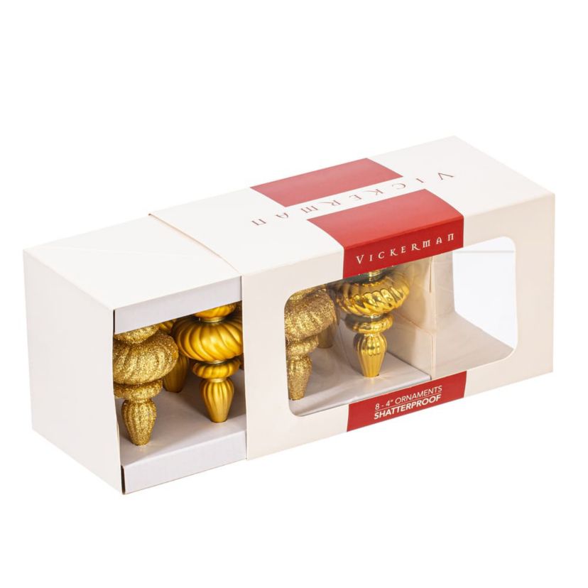 Vickerman 4" Gold 4-Finish Finial Ornament, 8 per Box
