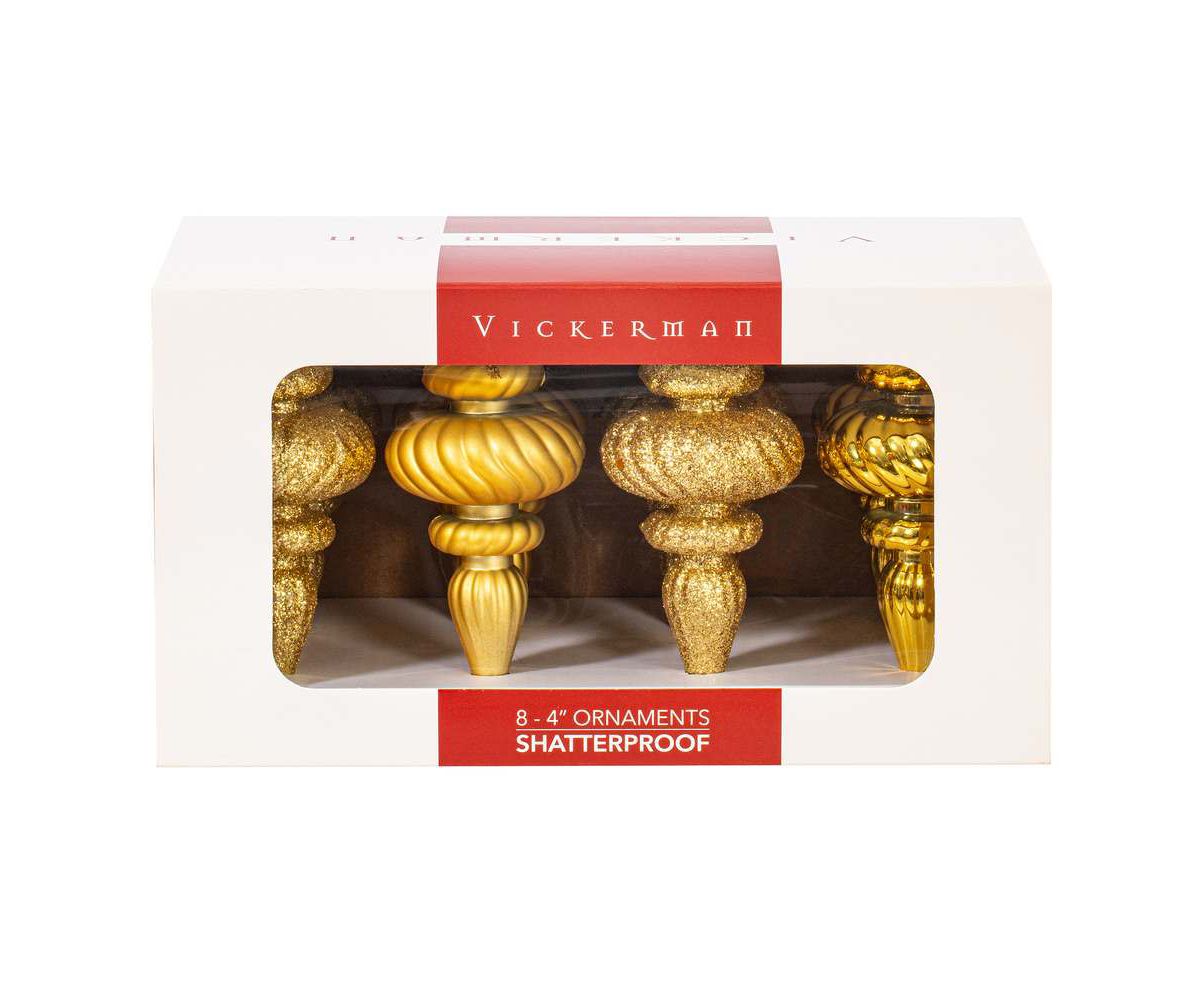 Vickerman 4" Gold 4-Finish Finial Ornament, 8 per Box