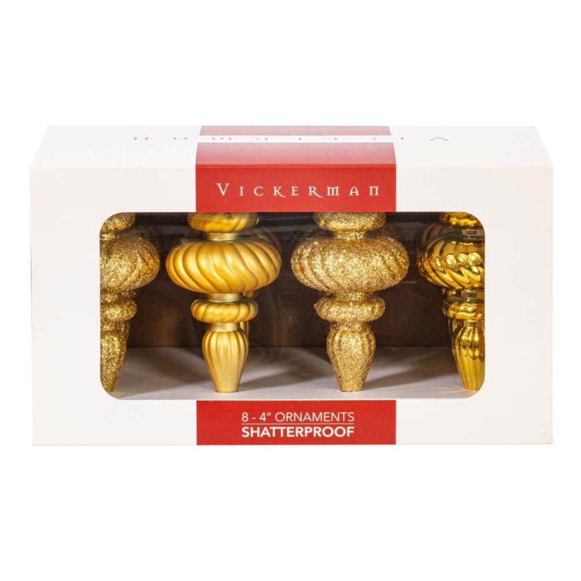 Vickerman 4" Gold 4-Finish Finial Ornament, 8 per Box
