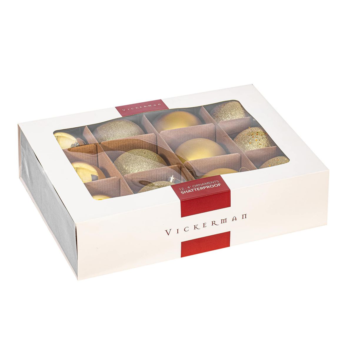 Vickerman 4" Gold 4-Finish Ball Ornament Assortment, 12 per Box