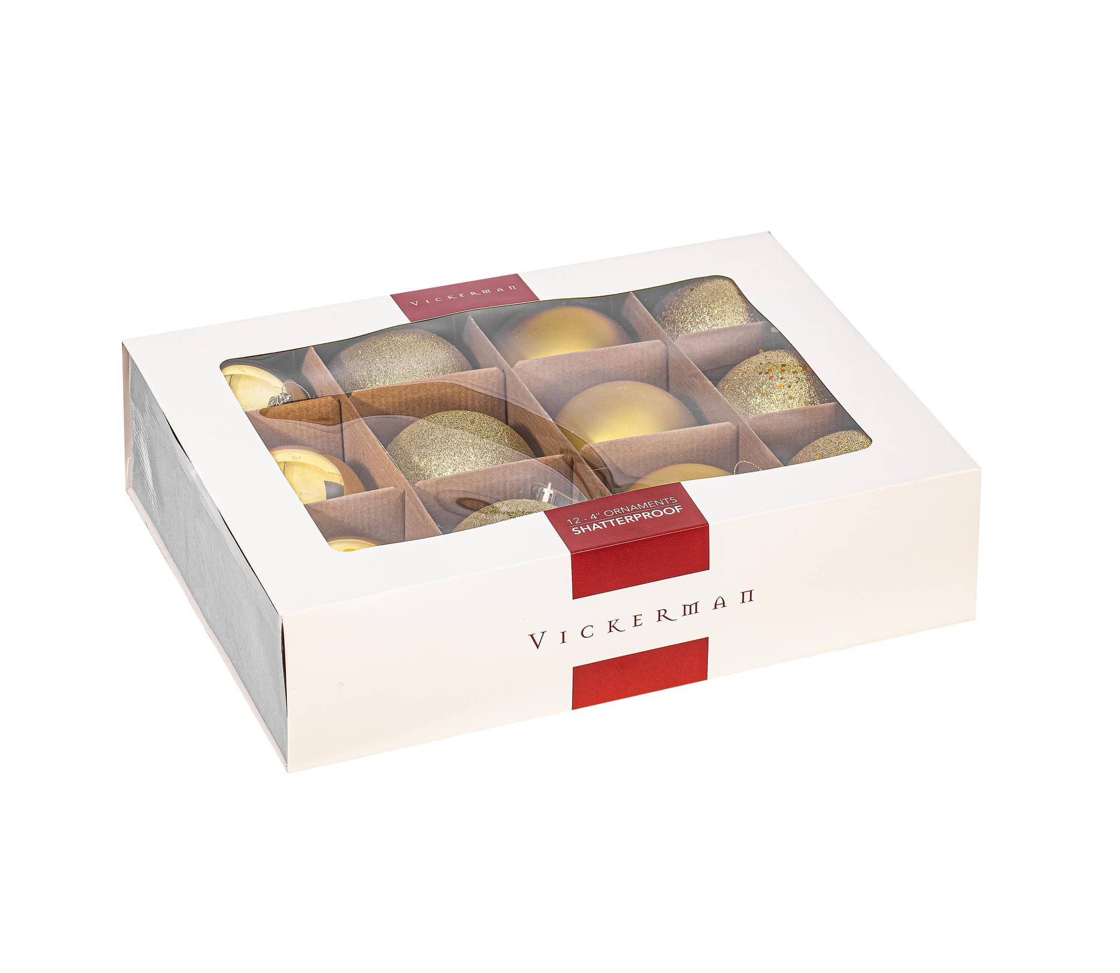 Vickerman 4" Gold 4-Finish Ball Ornament Assortment, 12 per Box