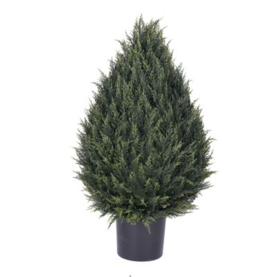 Vickerman 36" Artificial UV Resistant Cedar Pine Cone Topiary In Black Pot, Green