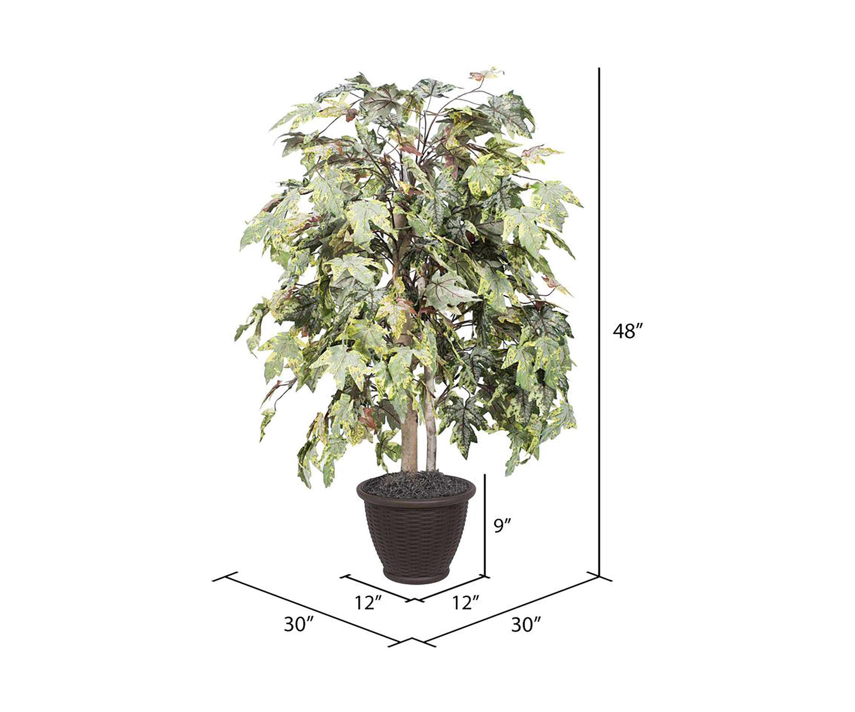 Artificial Frosted Maple Bush, Rattan Basket.