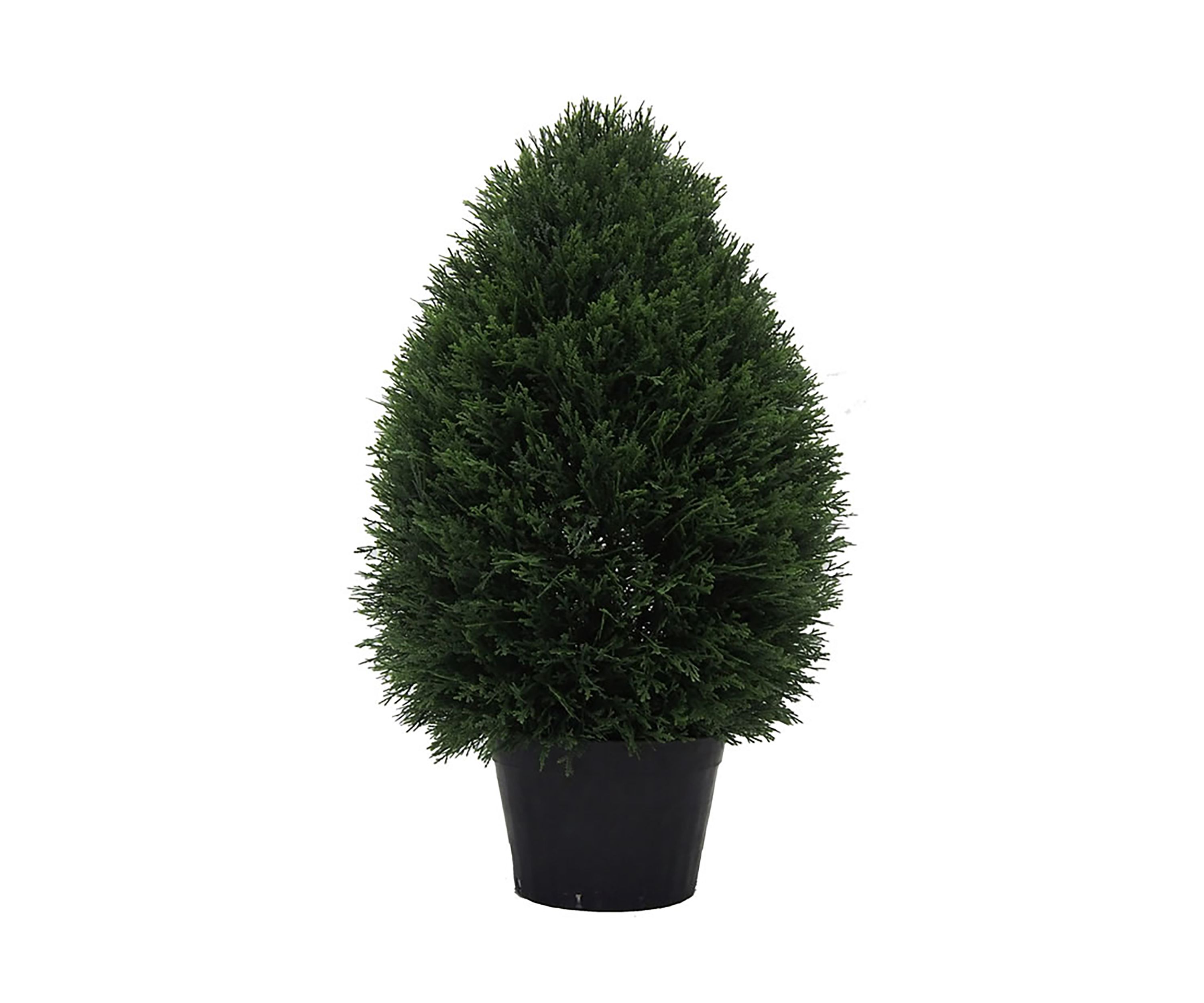 Artificial Wide Cedar Teardrop Shaped Bush, Plastic Pot.
