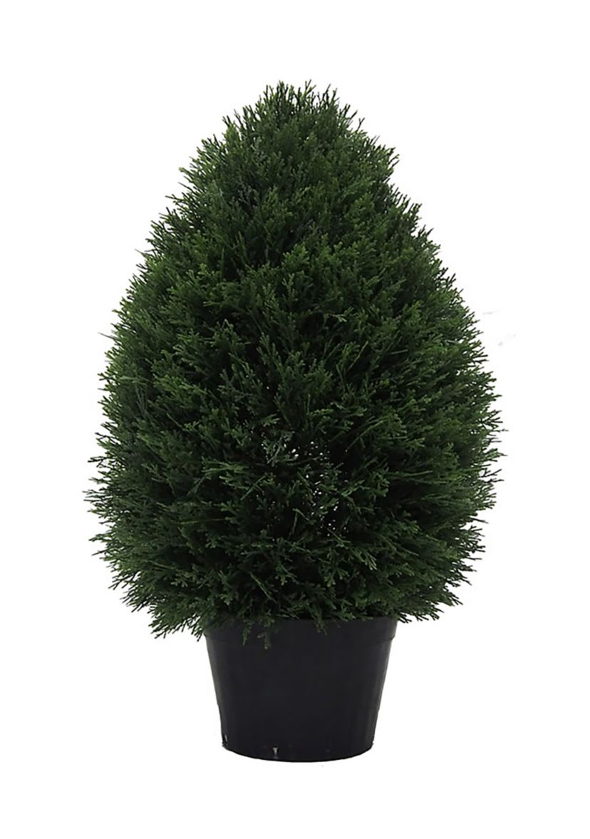 Artificial Wide Cedar Teardrop Shaped Bush, Plastic Pot.