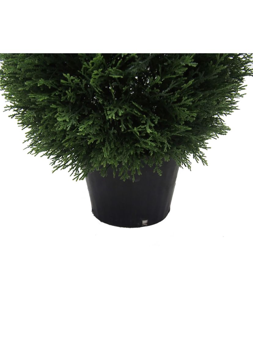 Artificial Wide Cedar Teardrop Shaped Bush, Plastic Pot.