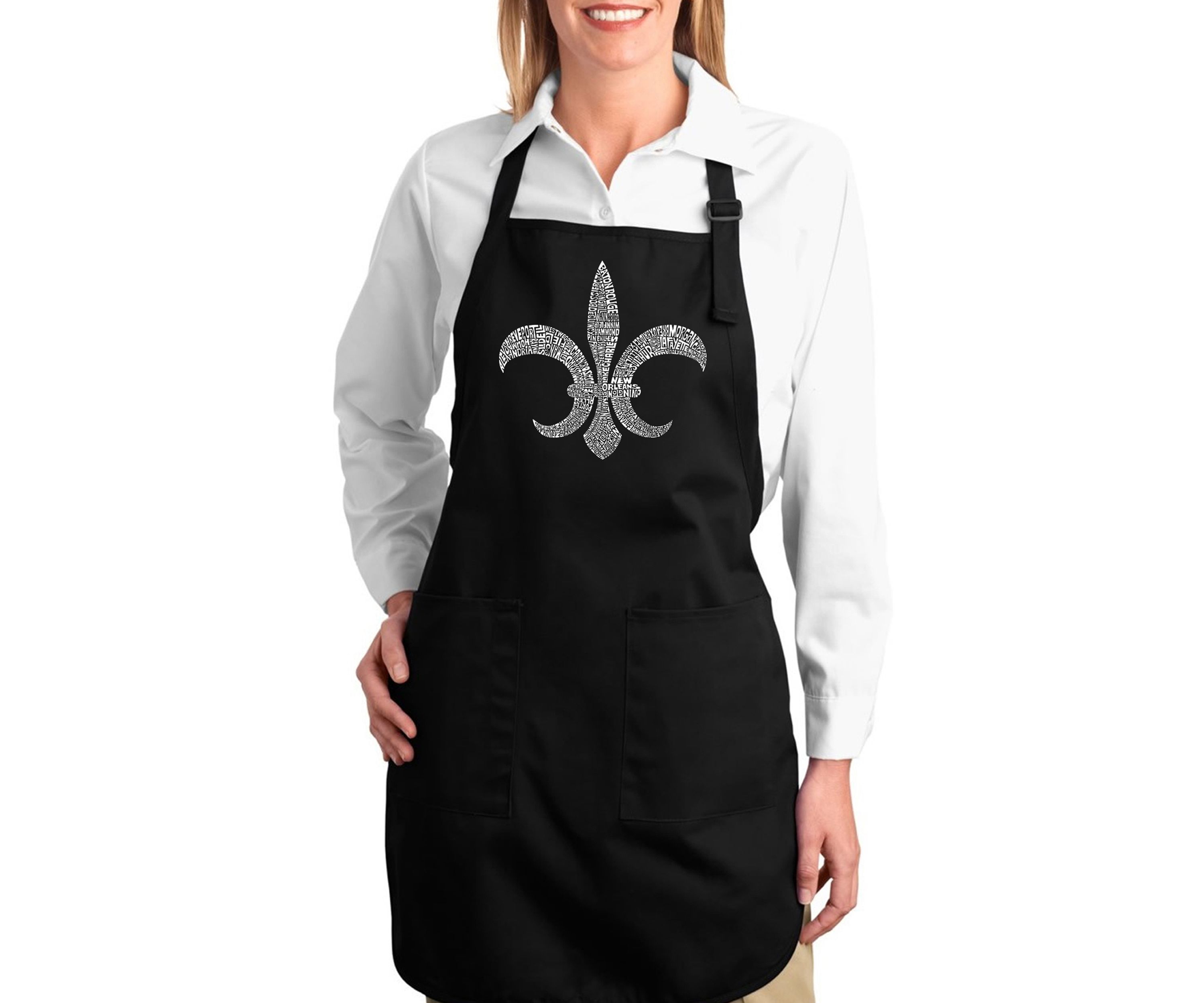 Full Length Word Art Apron -  Fleur De Lis - Popular Louisiana Cities