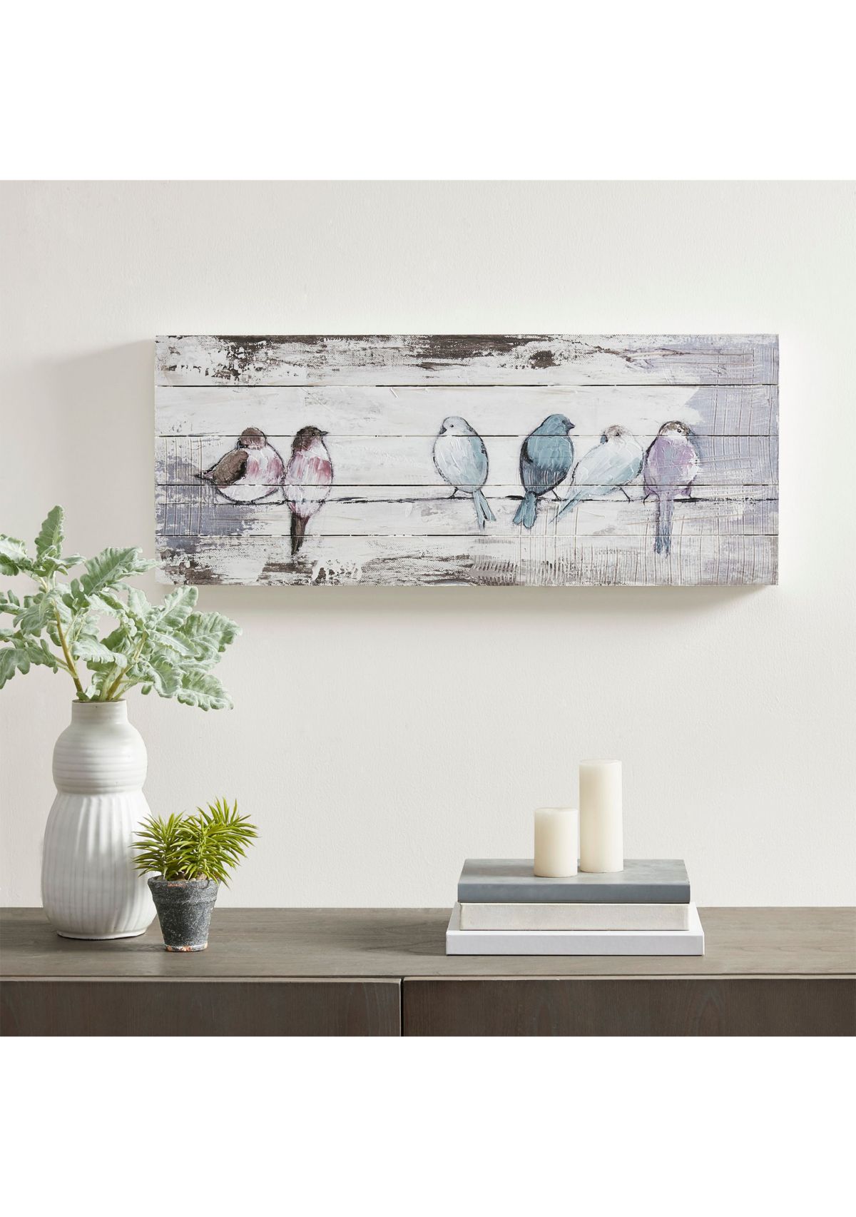 Perched Birds Hand Painted Wood Plank Panel Wall Décor