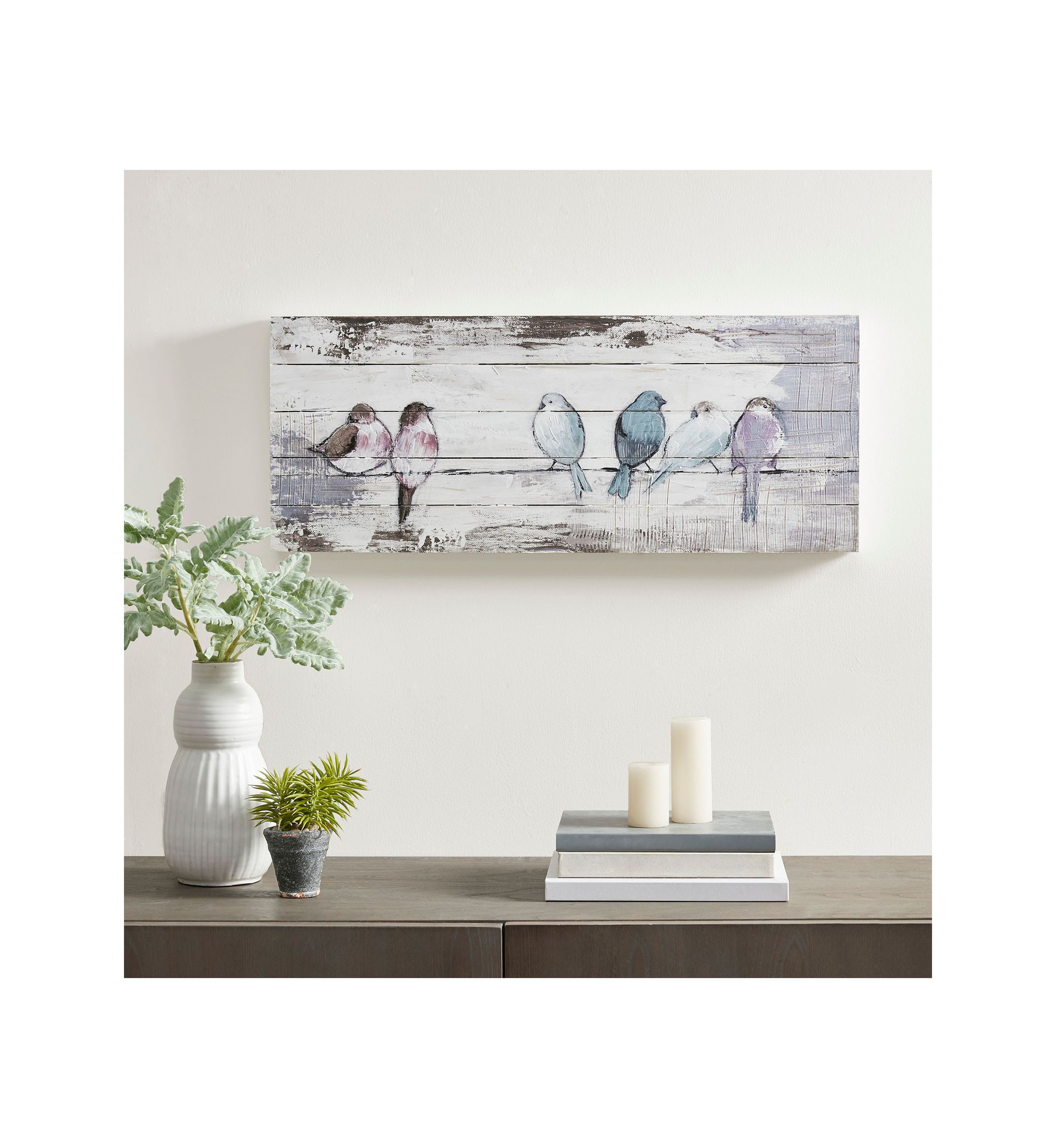 Perched Birds Hand Painted Wood Plank Panel Wall Décor