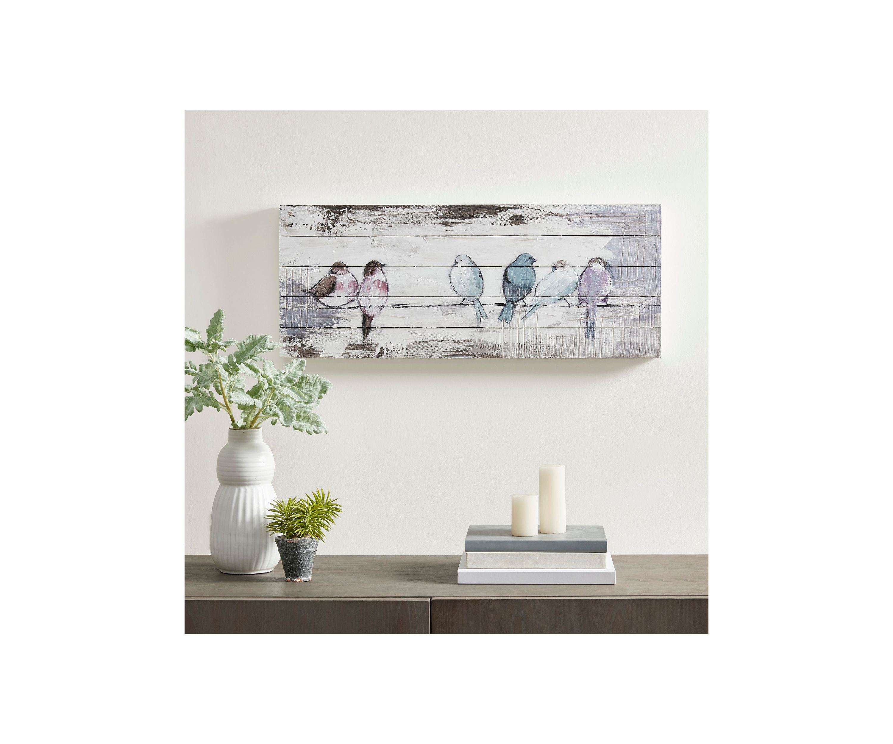 Perched Birds Hand Painted Wood Plank Panel Wall Décor