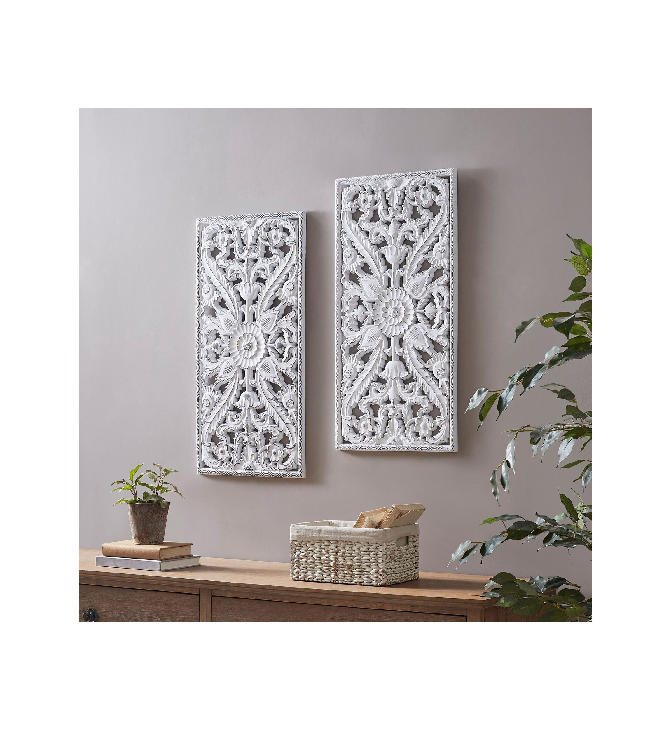 Botanical Panel Distressed Carved Wood 2-piece Wall Decor Set