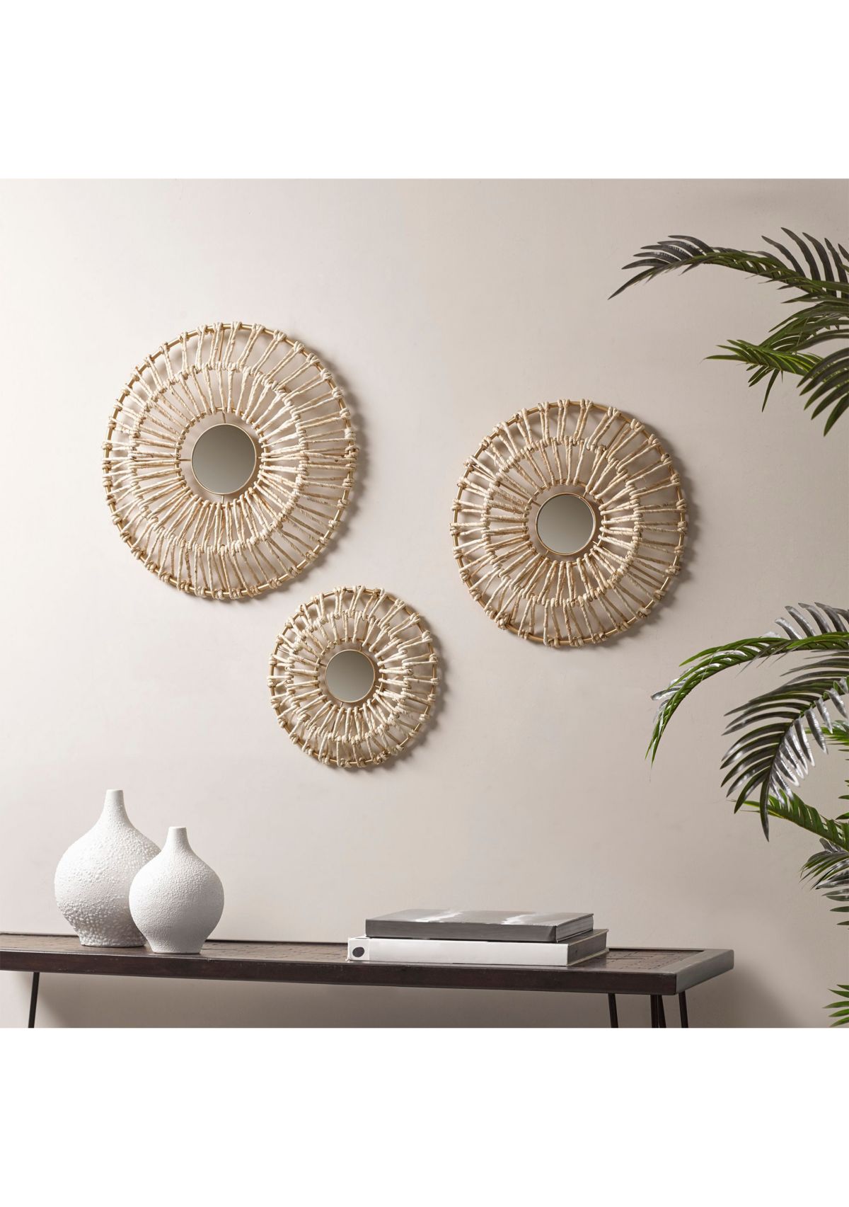 Ella Round Natural Fiber and Mirror 3-piece Wall Decor Set
