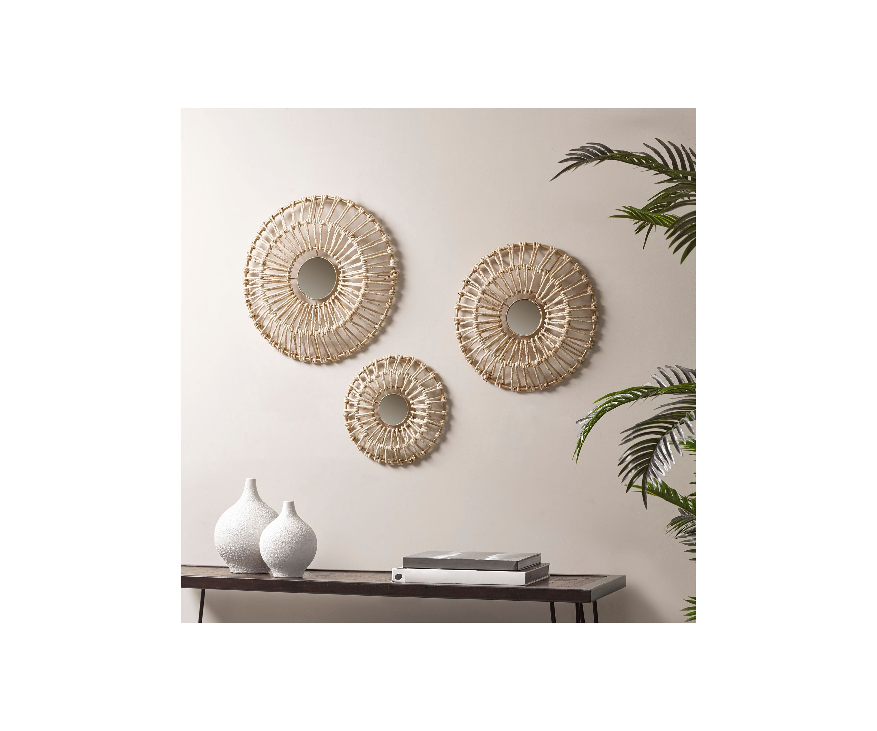 Ella Round Natural Fiber and Mirror 3-piece Wall Decor Set