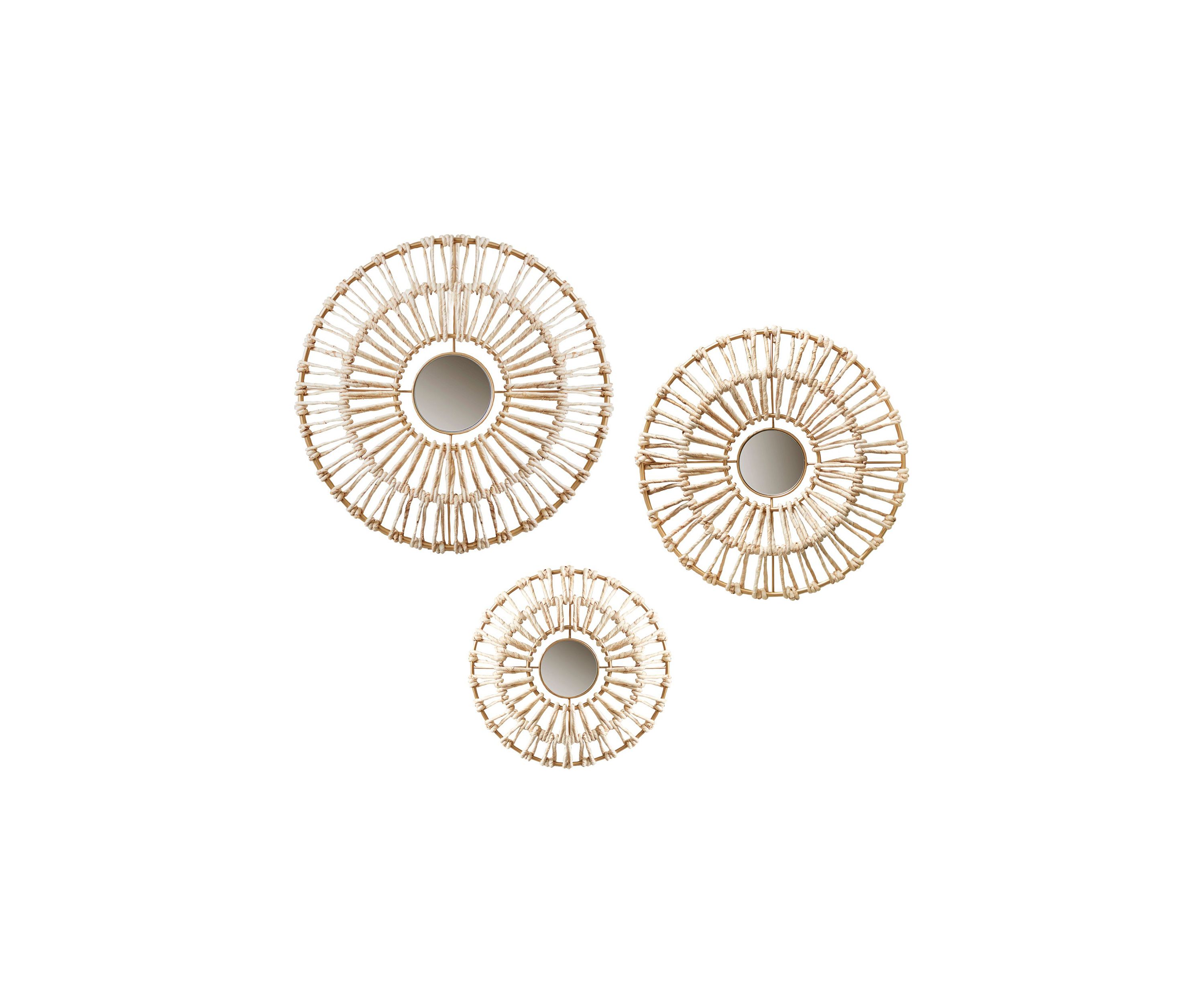Ella Round Natural Fiber and Mirror 3-piece Wall Decor Set