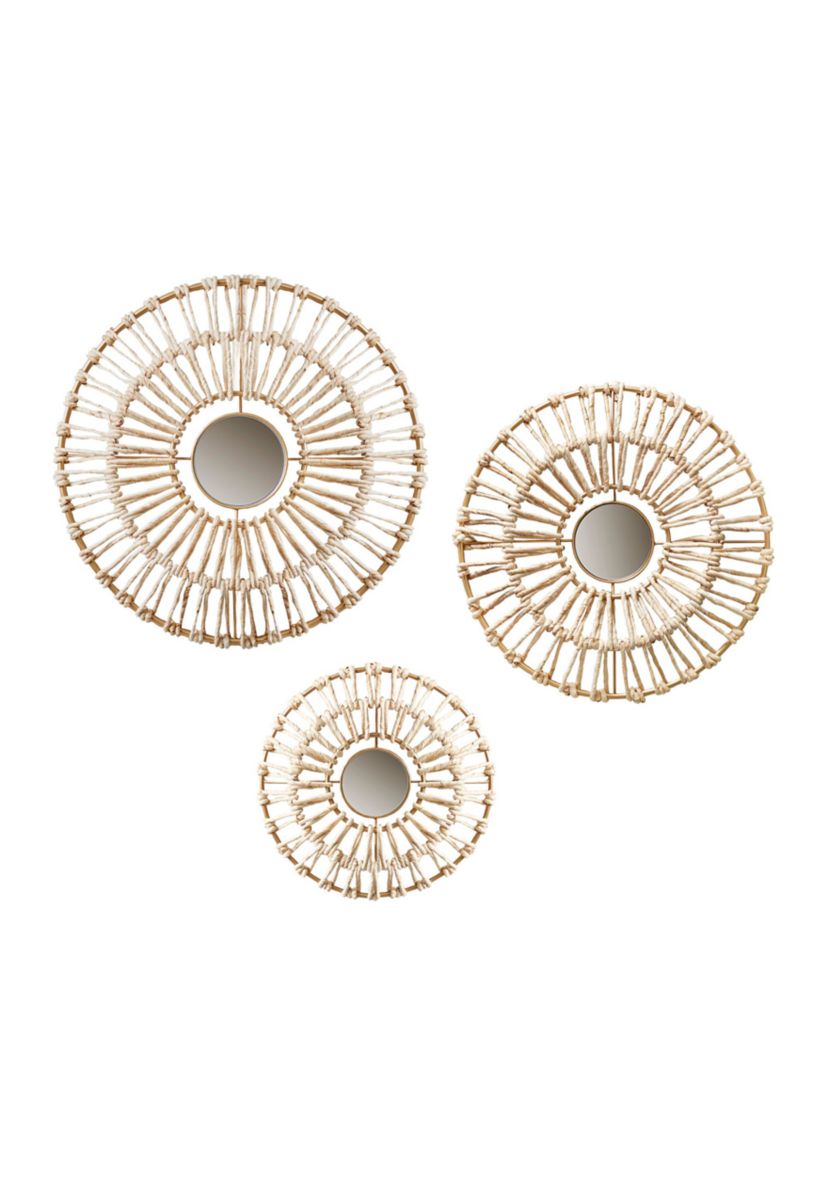 Ella Round Natural Fiber and Mirror 3-piece Wall Decor Set