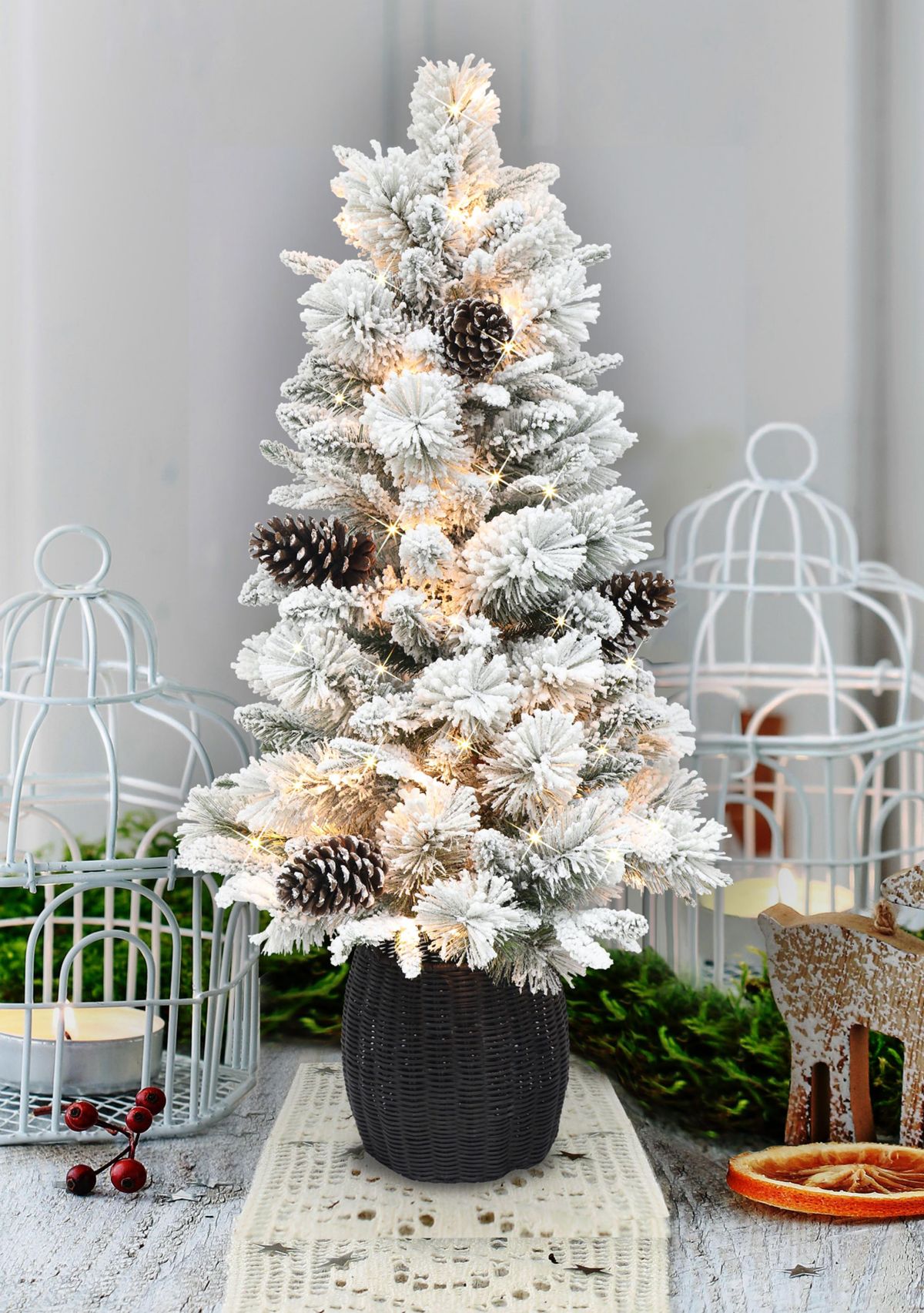 Pre-Lit 3-Foot Flocked Christmas Tree with Rattan Basket Base