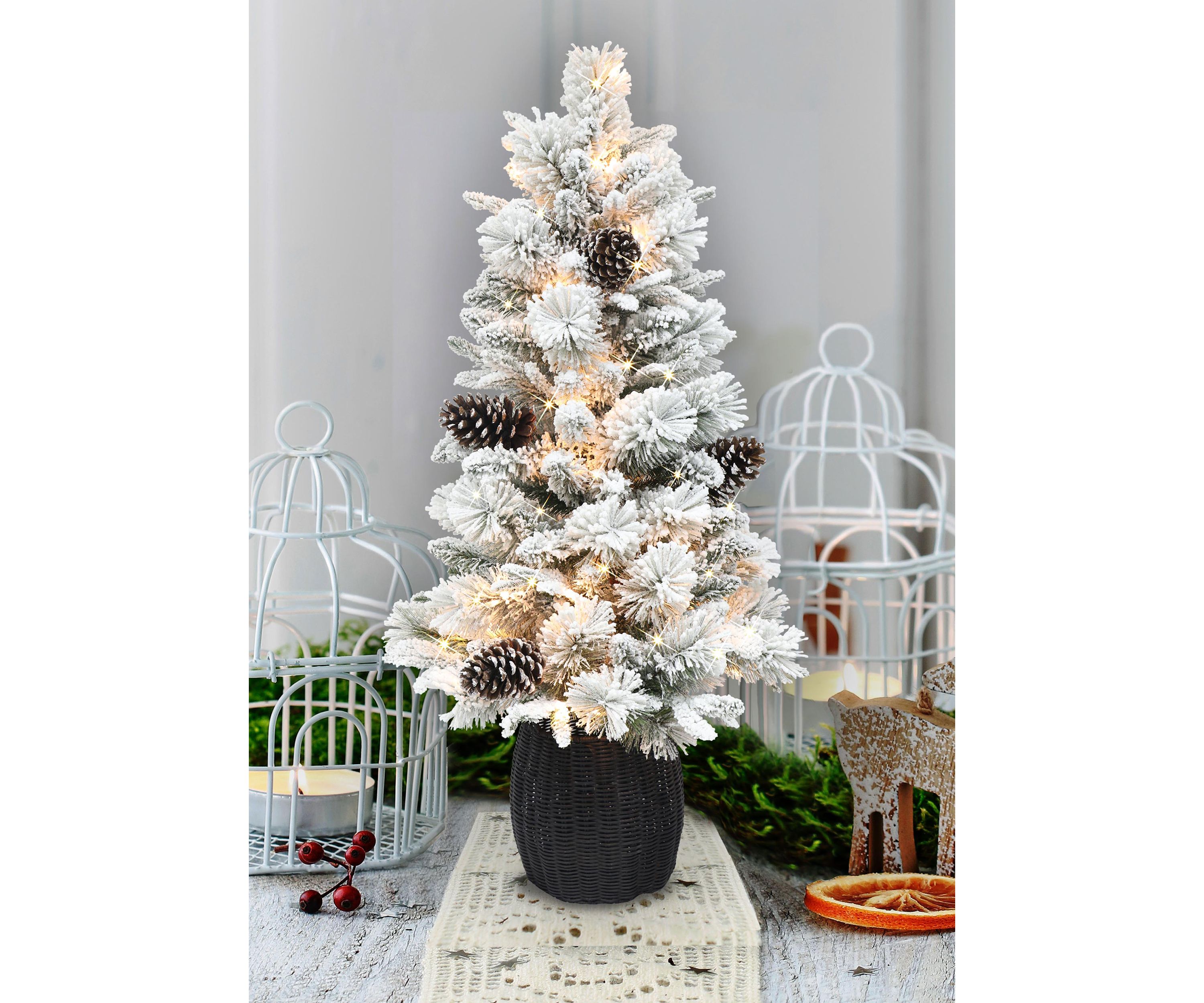 Pre-Lit 3-Foot Flocked Christmas Tree with Rattan Basket Base