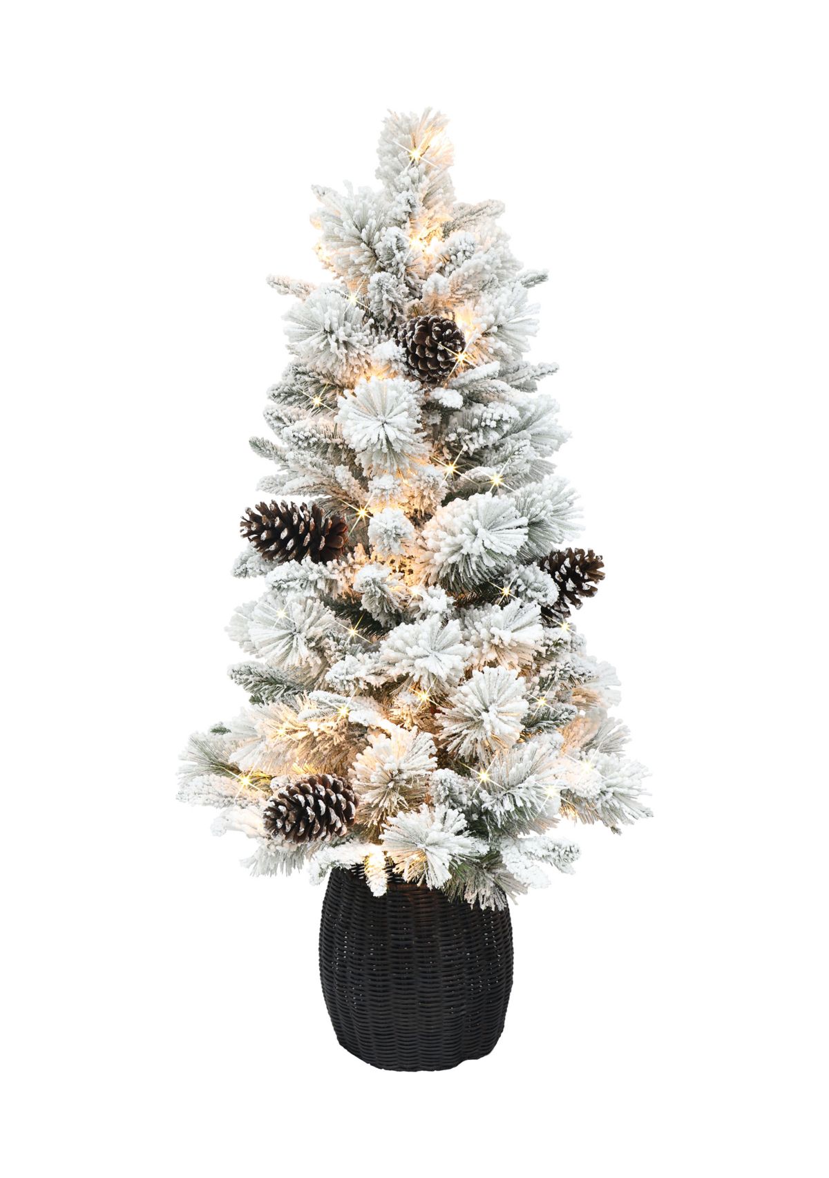 Pre-Lit 3-Foot Flocked Christmas Tree with Rattan Basket Base