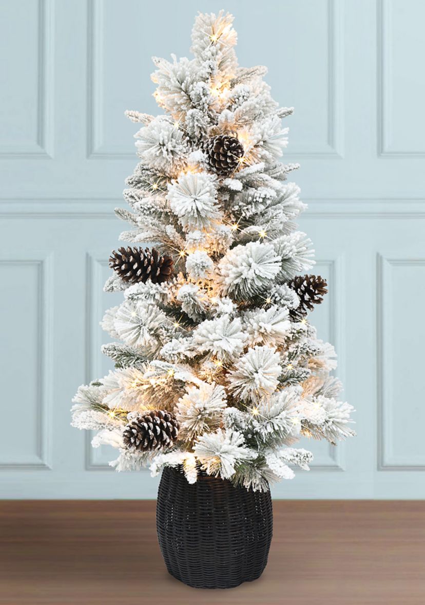4.5 ft Pre-lit Flocked Potted Tree 382 Tips 100 UL Clear Lights Plastic Rattan-look Base
