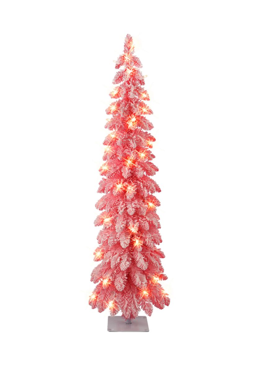 4 ft Pre-lit Pink Flocked Alpine Pencil Tree 139 Tips 50 UL Clear Lights Metal stand