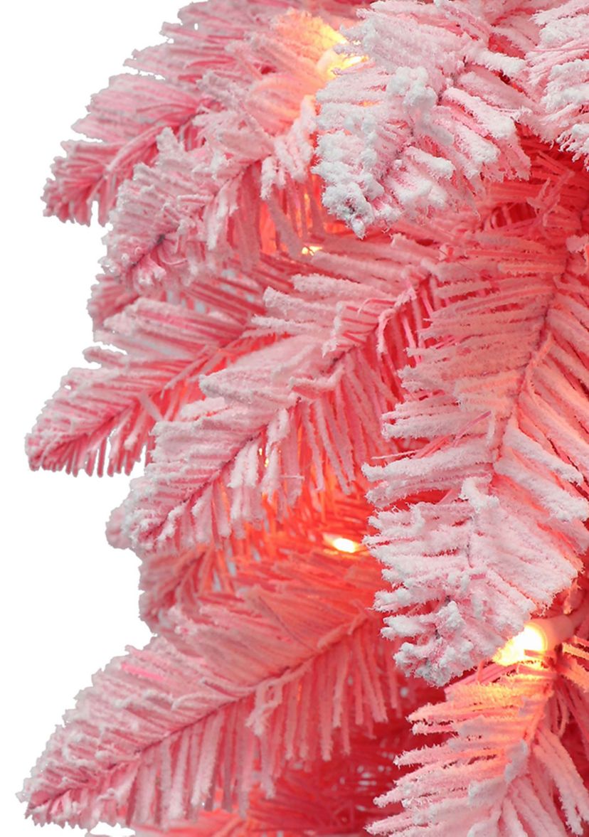 4 ft Pre-lit Pink Flocked Alpine Pencil Tree 139 Tips 50 UL Clear Lights Metal stand