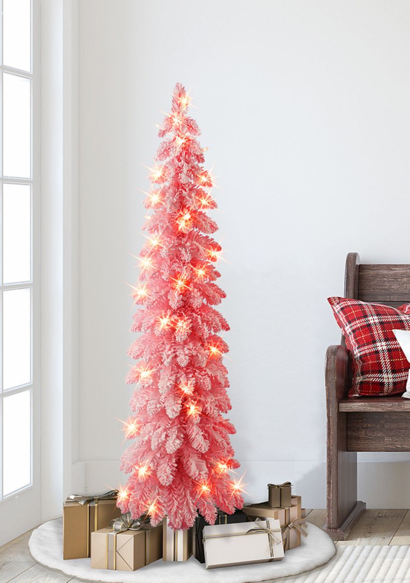 4 ft Pre-lit Pink Flocked Alpine Pencil Tree 139 Tips 50 UL Clear Lights Metal stand