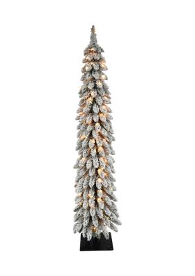 Puleo International 5 ft Pre-Lit Flocked Pencil Alpine Artificial Christmas Tree with 70 UL Listed Clear Lights Green, 5 Foot