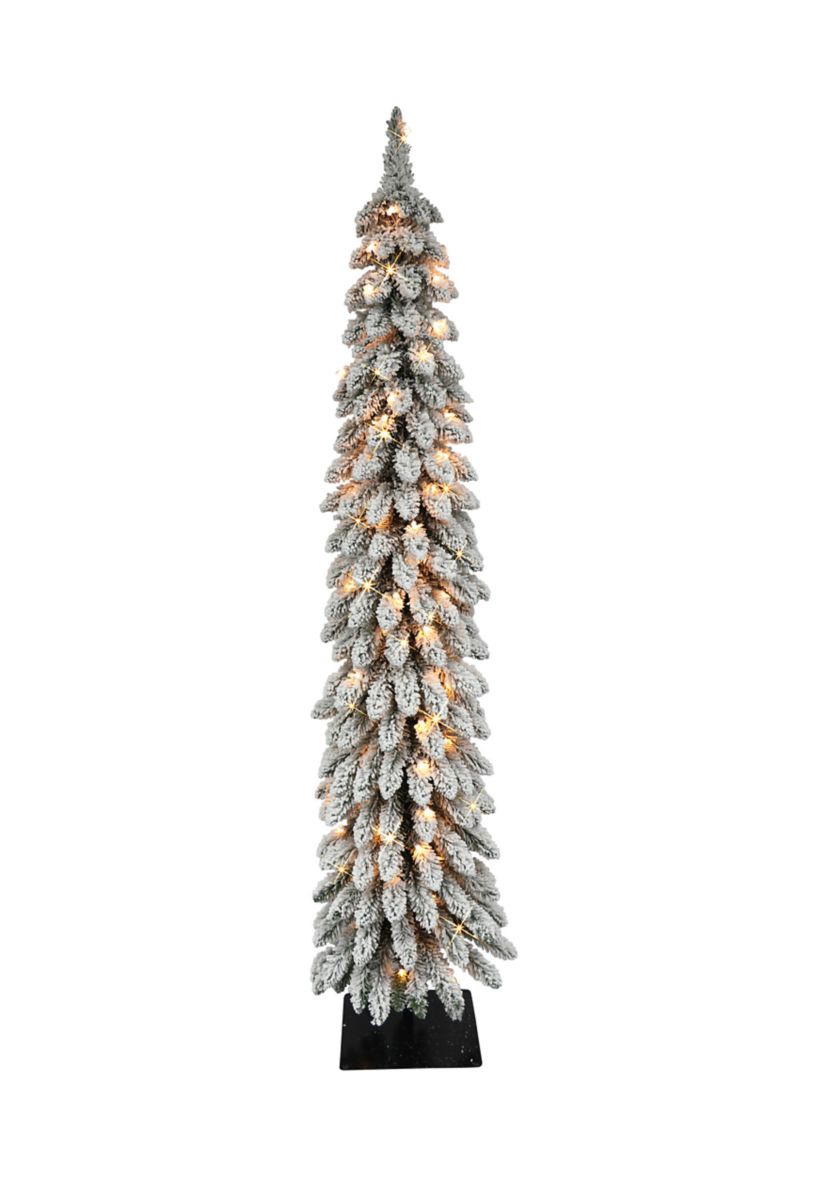 5 ft Pre-Lit Flocked Pencil Alpine Artificial Christmas Tree with 70 UL Listed Clear Lights Green