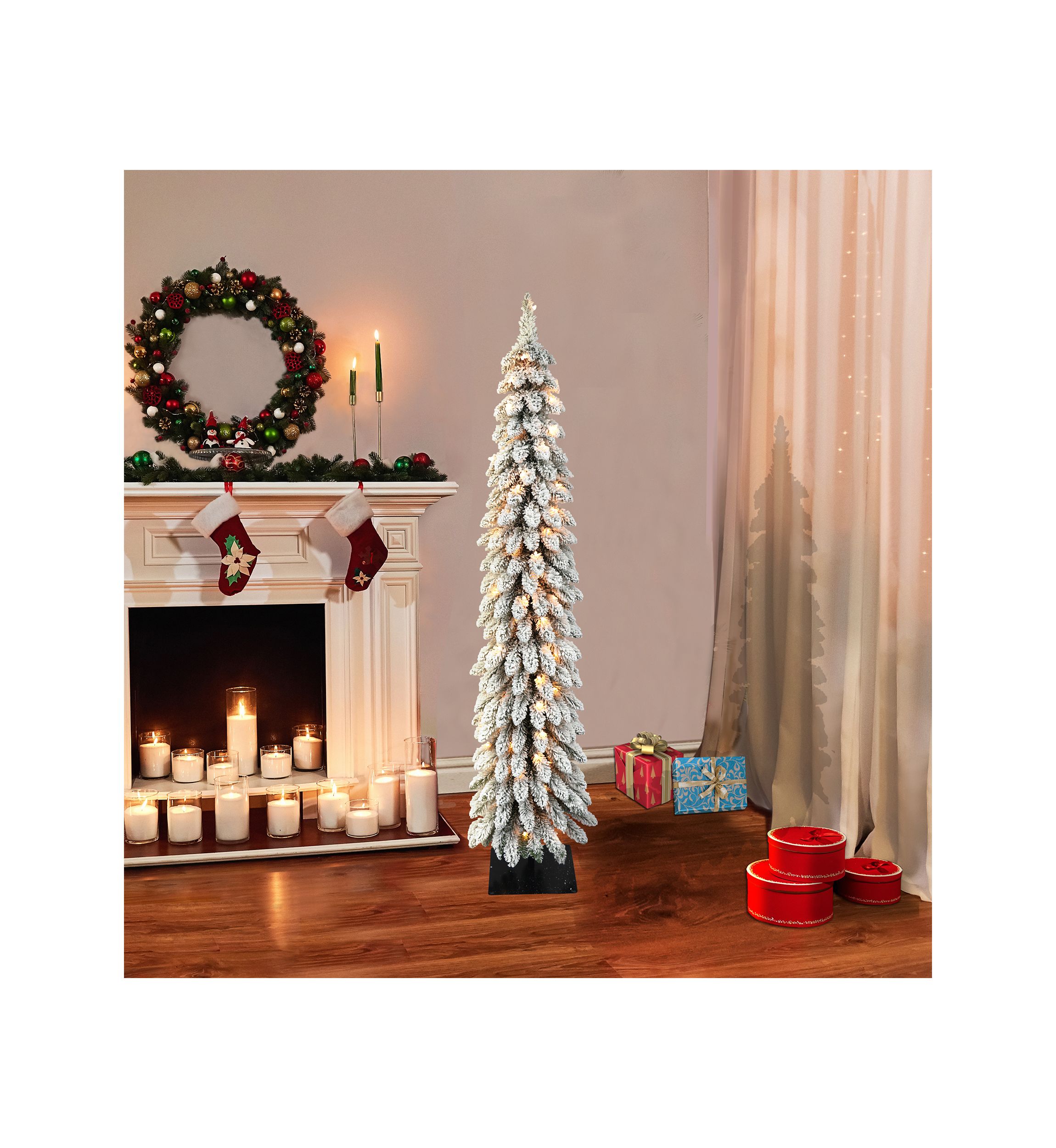 5 ft Pre-Lit Flocked Pencil Alpine Artificial Christmas Tree with 70 UL Listed Clear Lights Green
