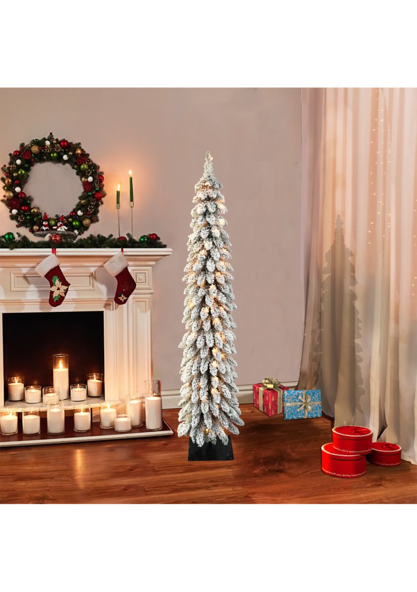 5 ft Pre-Lit Flocked Pencil Alpine Artificial Christmas Tree with 70 UL Listed Clear Lights Green