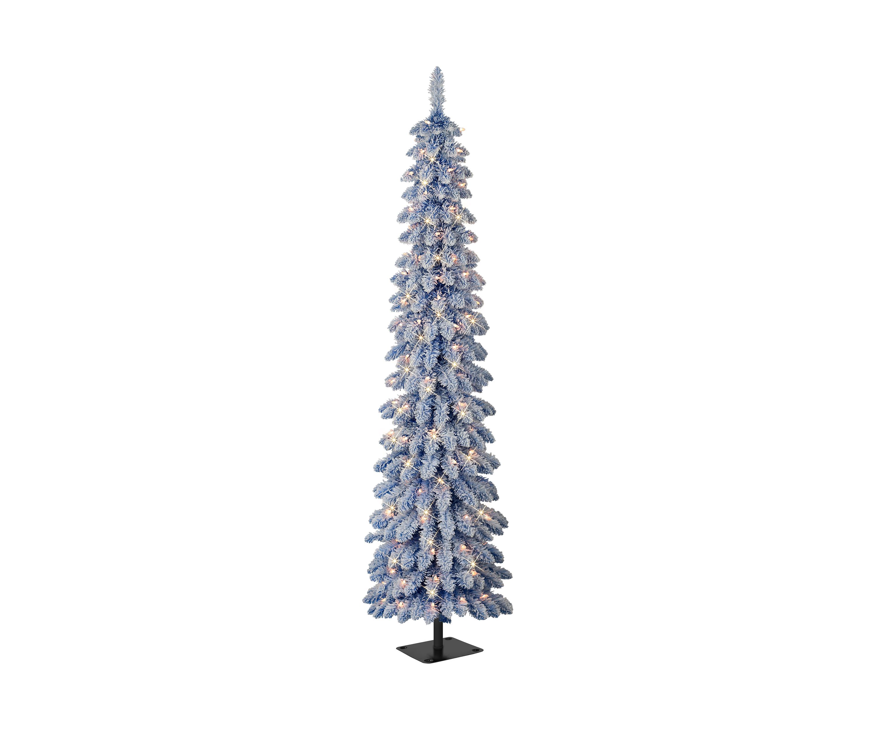 6-foot Pre-Lit Flocked Blue Artificial Alpine Pencil Tree 261 Tips 100 Clear Lights