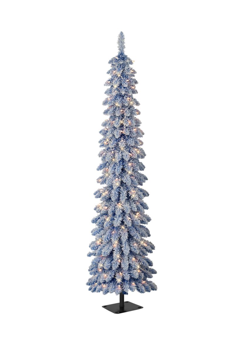 6-foot Pre-Lit Flocked Blue Artificial Alpine Pencil Tree 261 Tips 100 Clear Lights