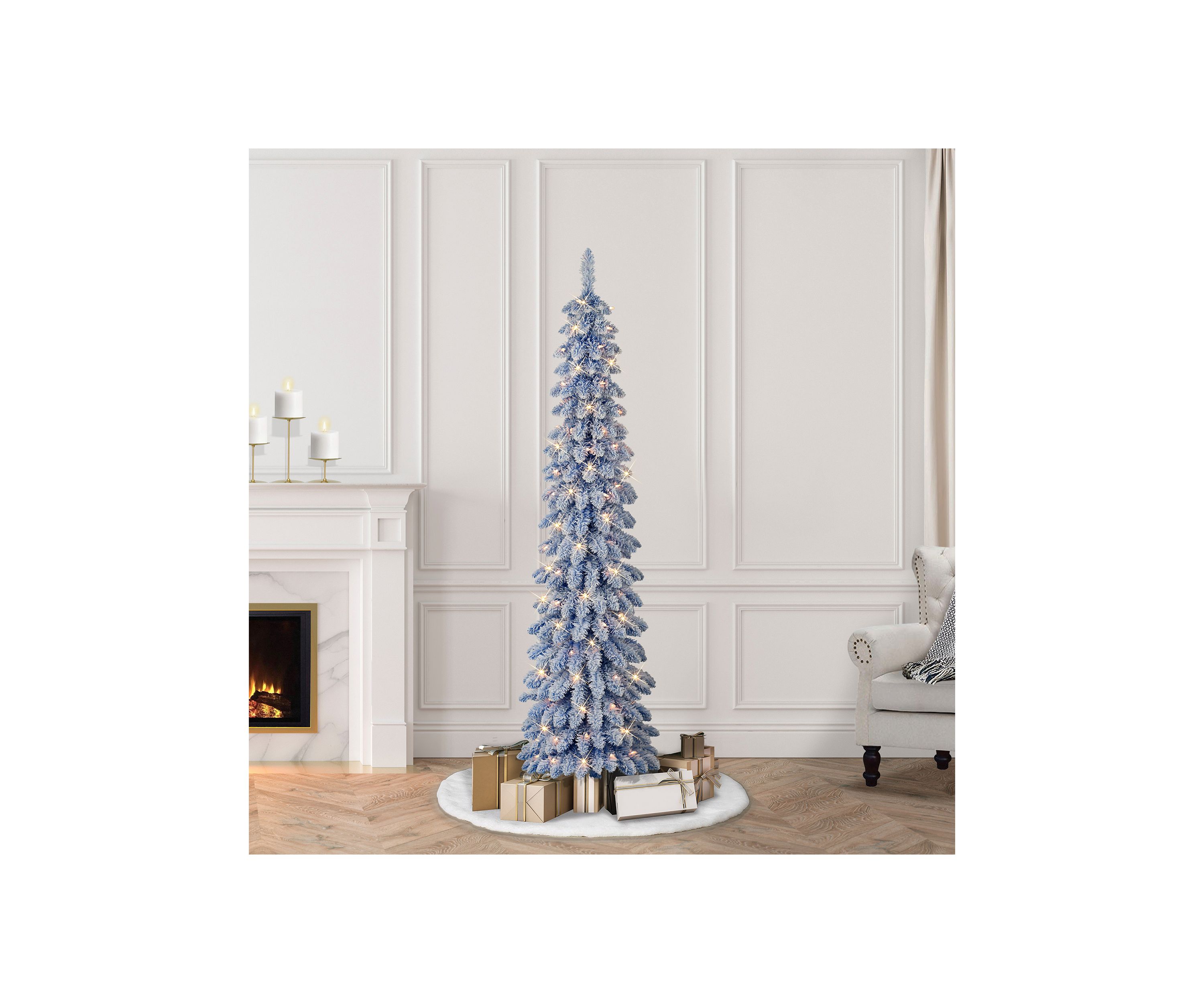 6-foot Pre-Lit Flocked Blue Artificial Alpine Pencil Tree 261 Tips 100 Clear Lights