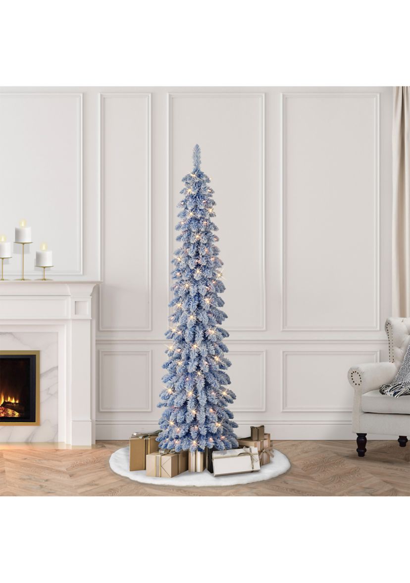 6-foot Pre-Lit Flocked Blue Artificial Alpine Pencil Tree 261 Tips 100 Clear Lights