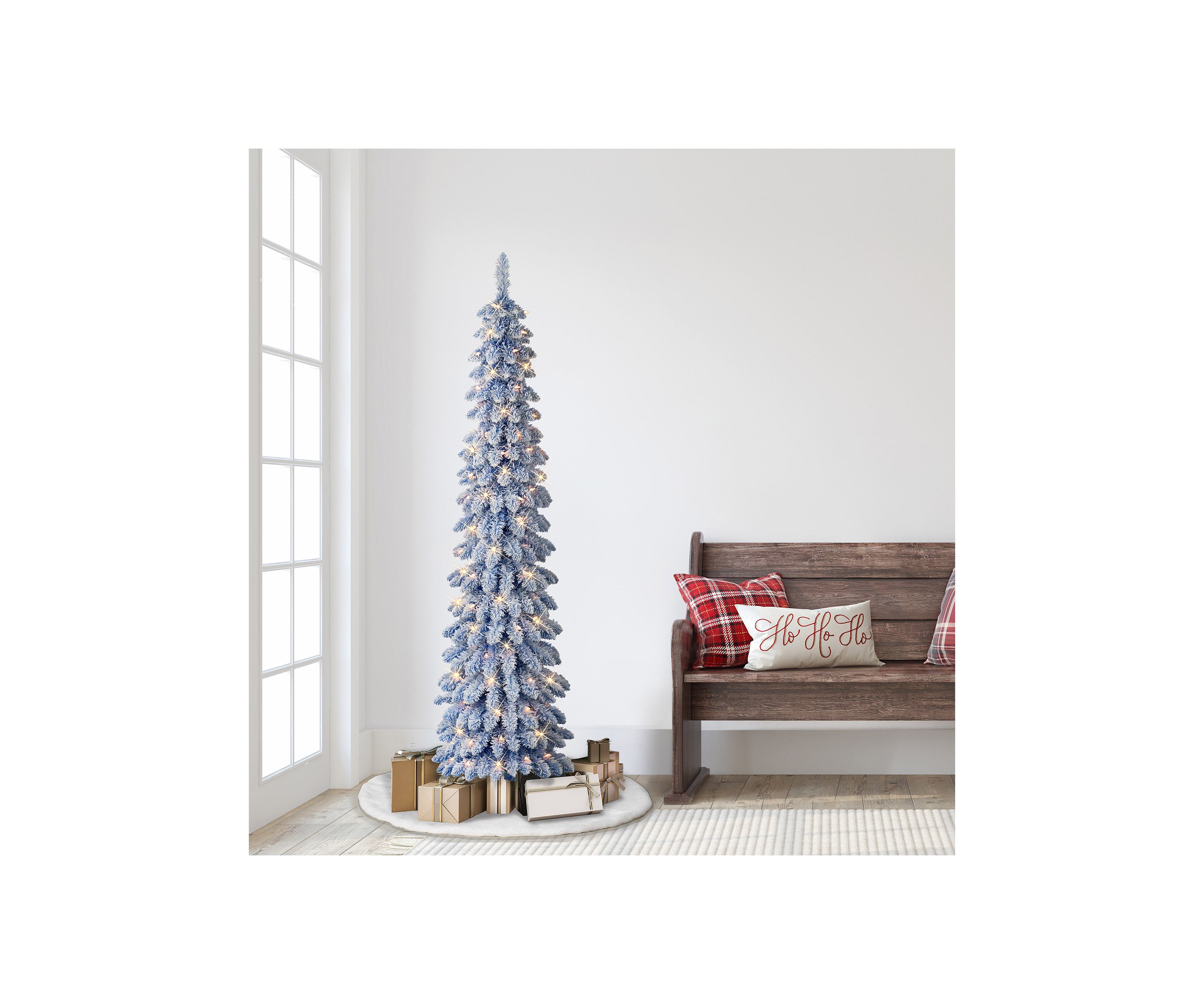 6-foot Pre-Lit Flocked Blue Artificial Alpine Pencil Tree 261 Tips 100 Clear Lights