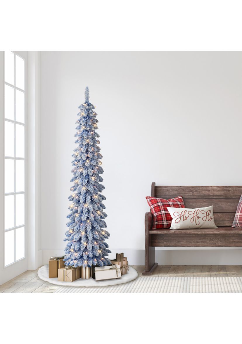 6-foot Pre-Lit Flocked Blue Artificial Alpine Pencil Tree 261 Tips 100 Clear Lights