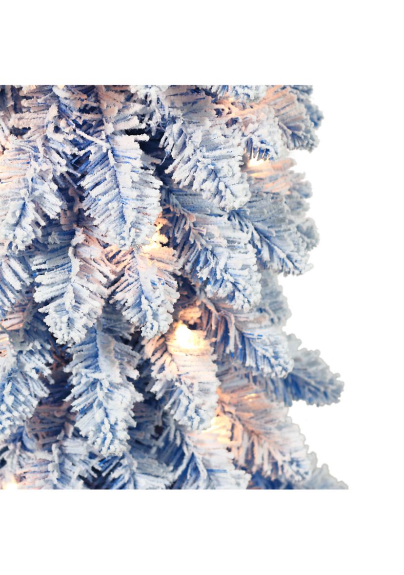 6-foot Pre-Lit Flocked Blue Artificial Alpine Pencil Tree 261 Tips 100 Clear Lights