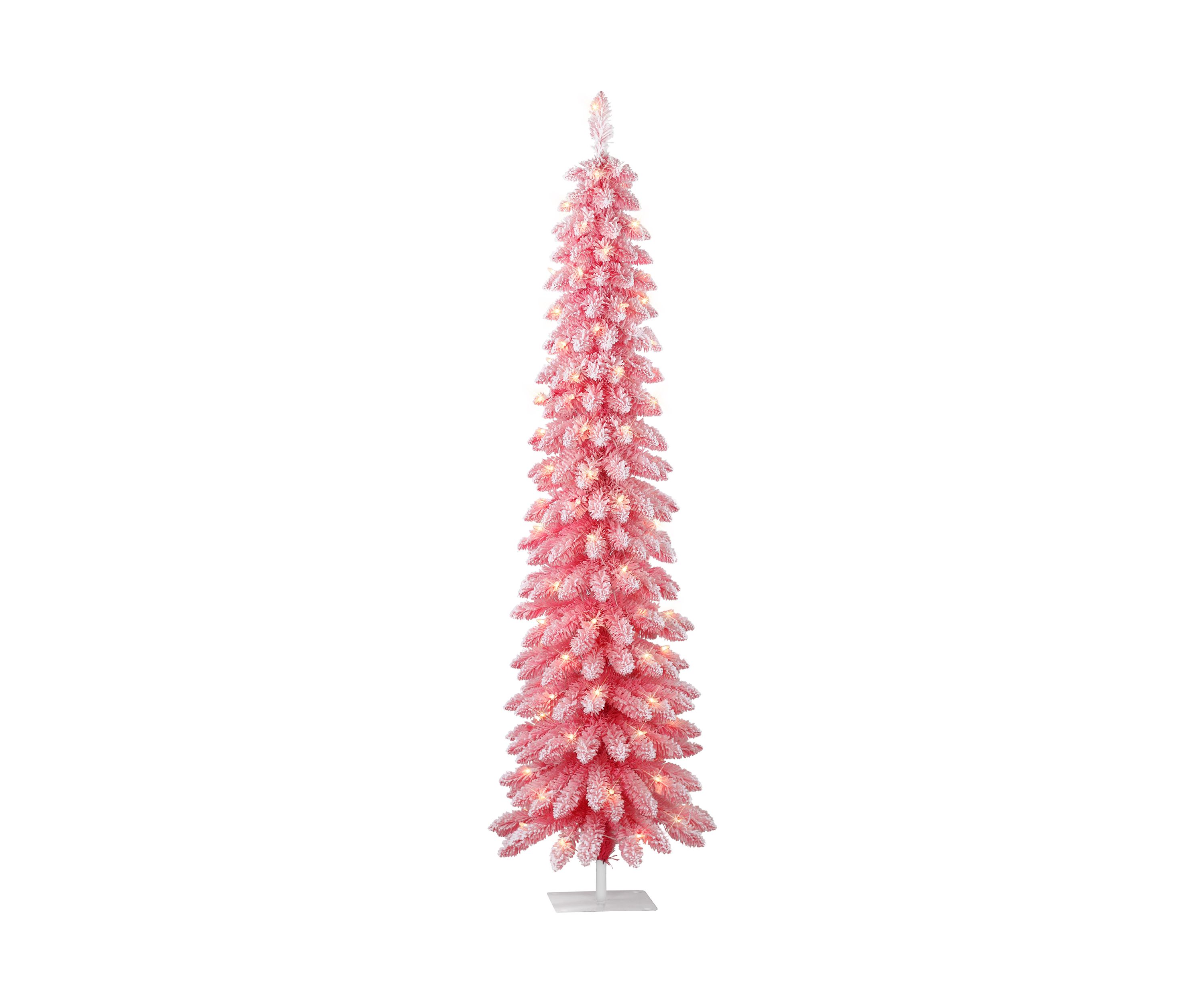 6-foot Pre-Lit Flocked Pink Artificial Alpine Pencil Tree 261 Tips 100 Clear Lights